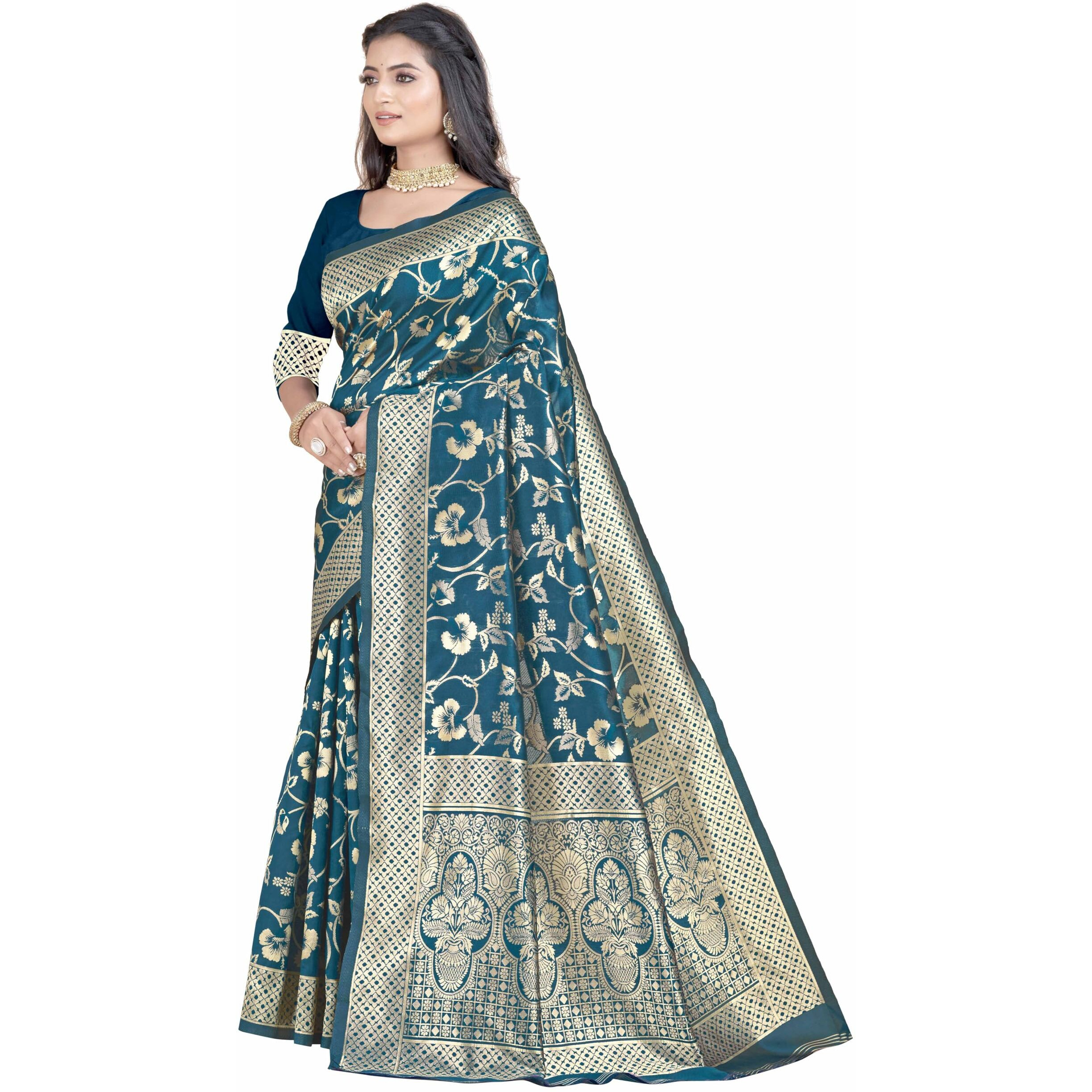 Sugathari Womens Banarasi Saree Pure Kanjivaram Silk Saree Soft new ladies 2023 Design Wear Pattu Sarees Latest Party Sari collections With Blouse Piece for Wedding sadi (SAN PARI-187 AIRFORCE)