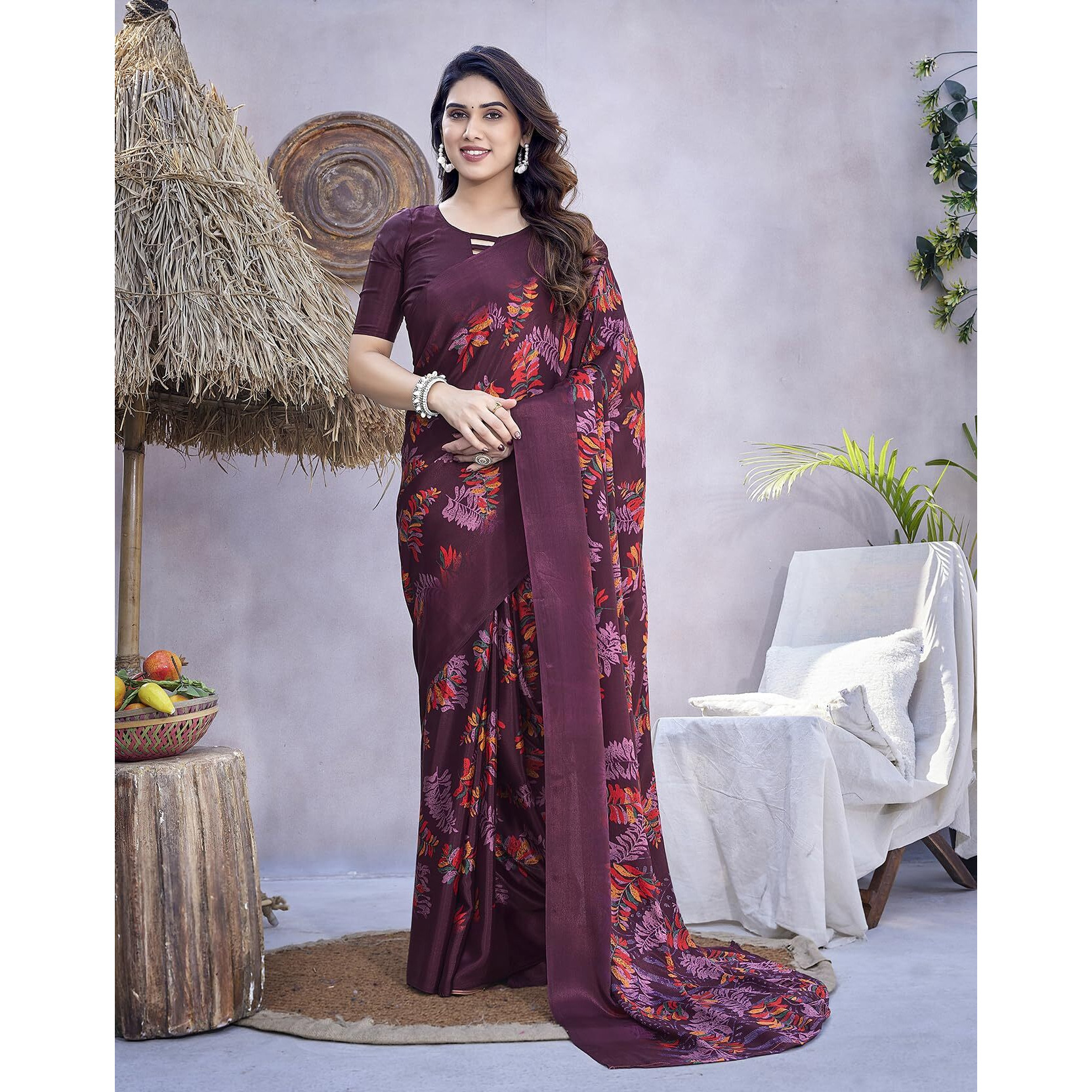 Yashika Womens Elegant Chiffon Saree Set with Matching Blouse - Unveiling Timeless Style and Grace in Every Draped Detail Perfect for Special Occasions (AZ-YS-P1-SHALINI PURPLE)