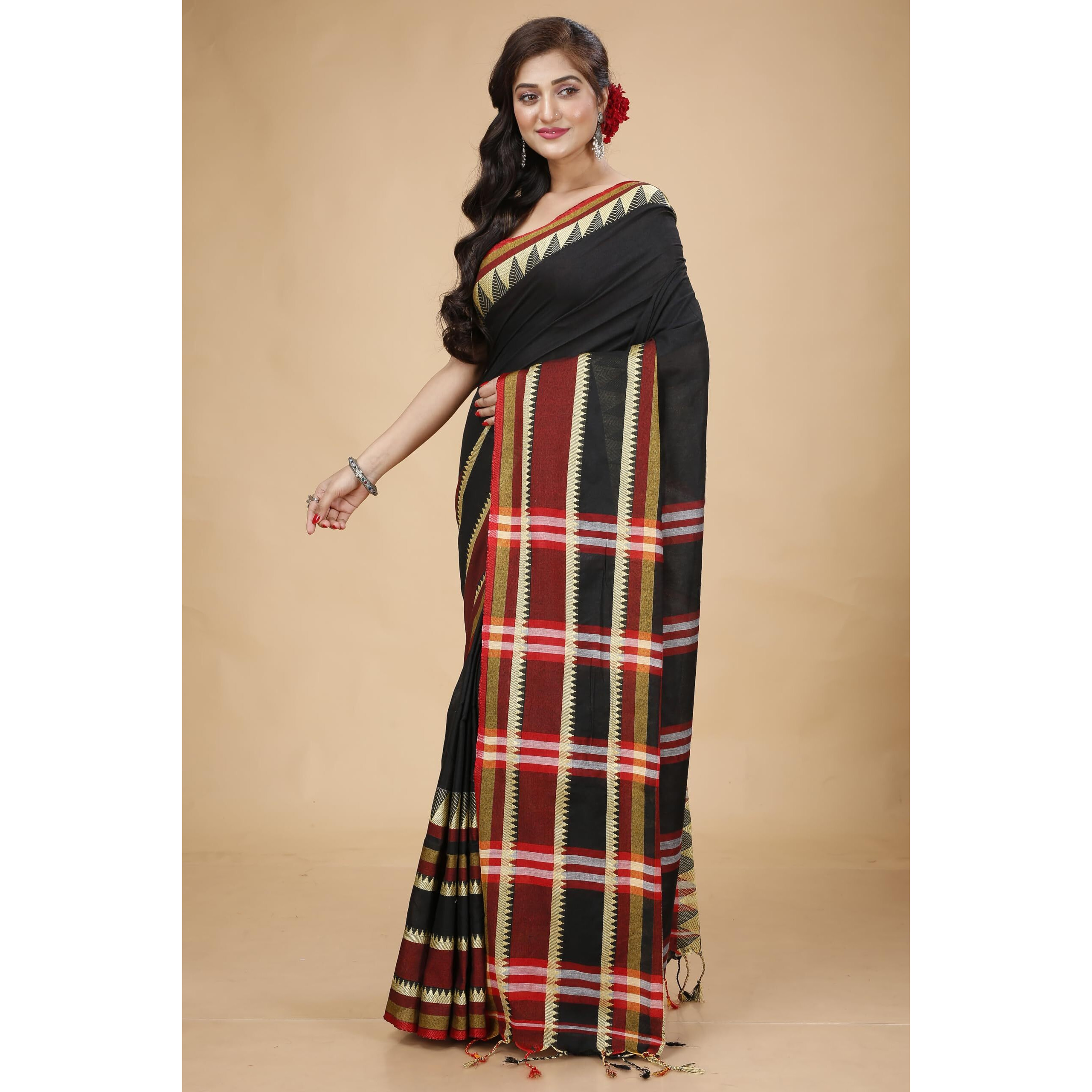 Laxmi Handloom Womens Traditional Bengal Handloom Begampuri Cotton Saree (Black 2)