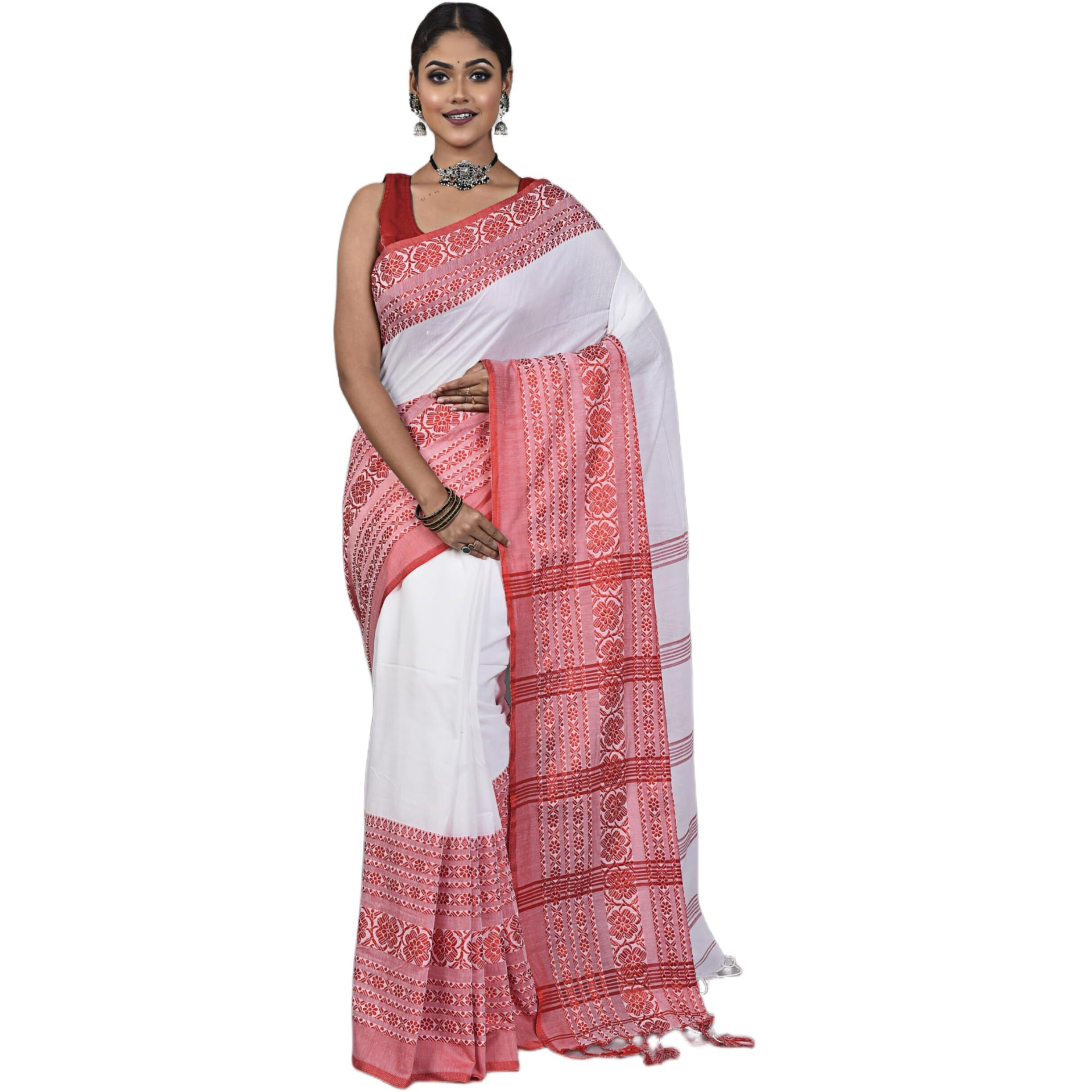Laxmi Handloom Womens Traditional Bengal Handloom Begampuri Cotton Saree (White Red)