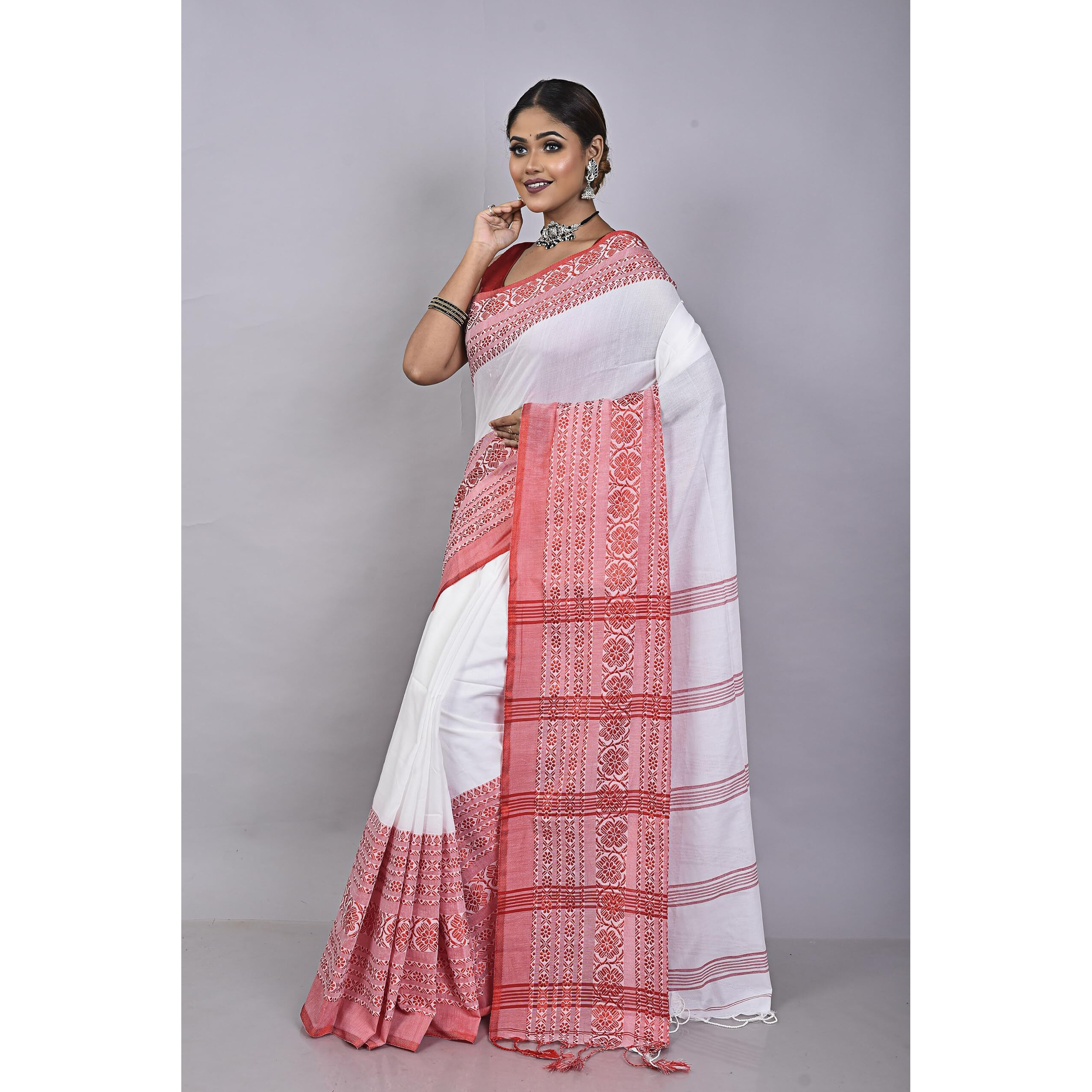 Laxmi Handloom Womens Traditional Bengal Handloom Begampuri Cotton Saree (White Red)