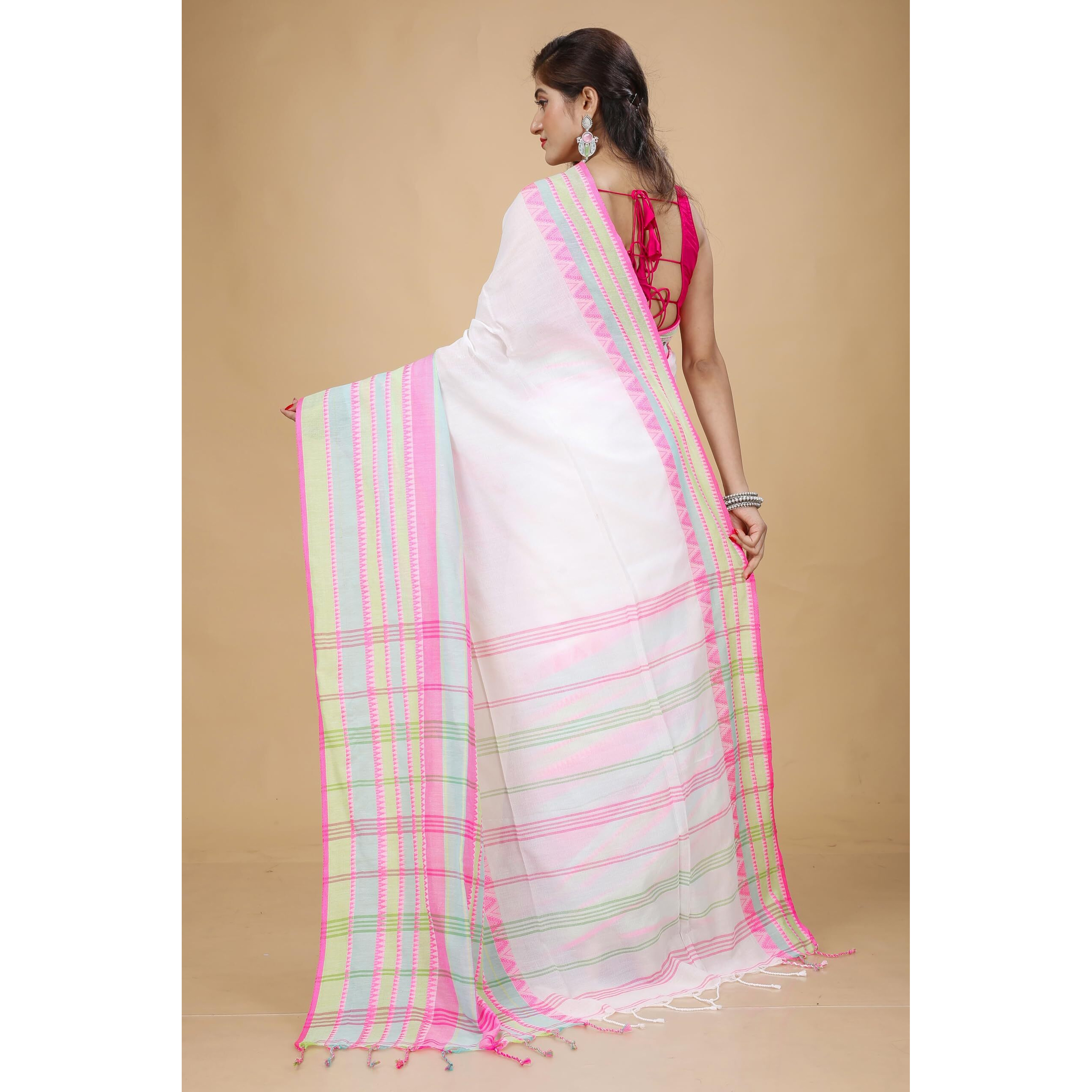 Laxmi Handloom Womens Traditional Bengal Handloom Begampuri Cotton Saree (White Pink 2)