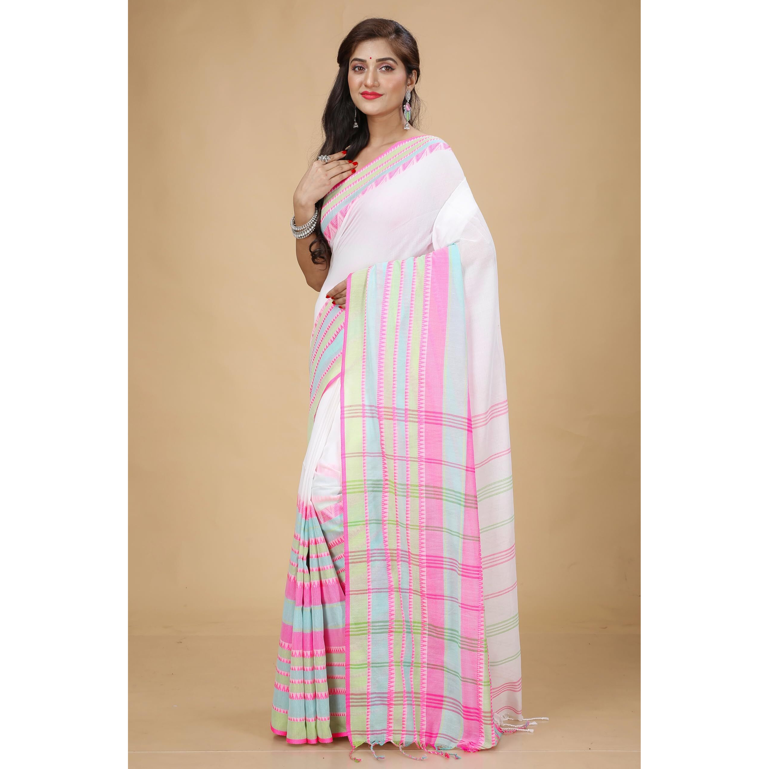 Laxmi Handloom Womens Traditional Bengal Handloom Begampuri Cotton Saree (White Pink 2)