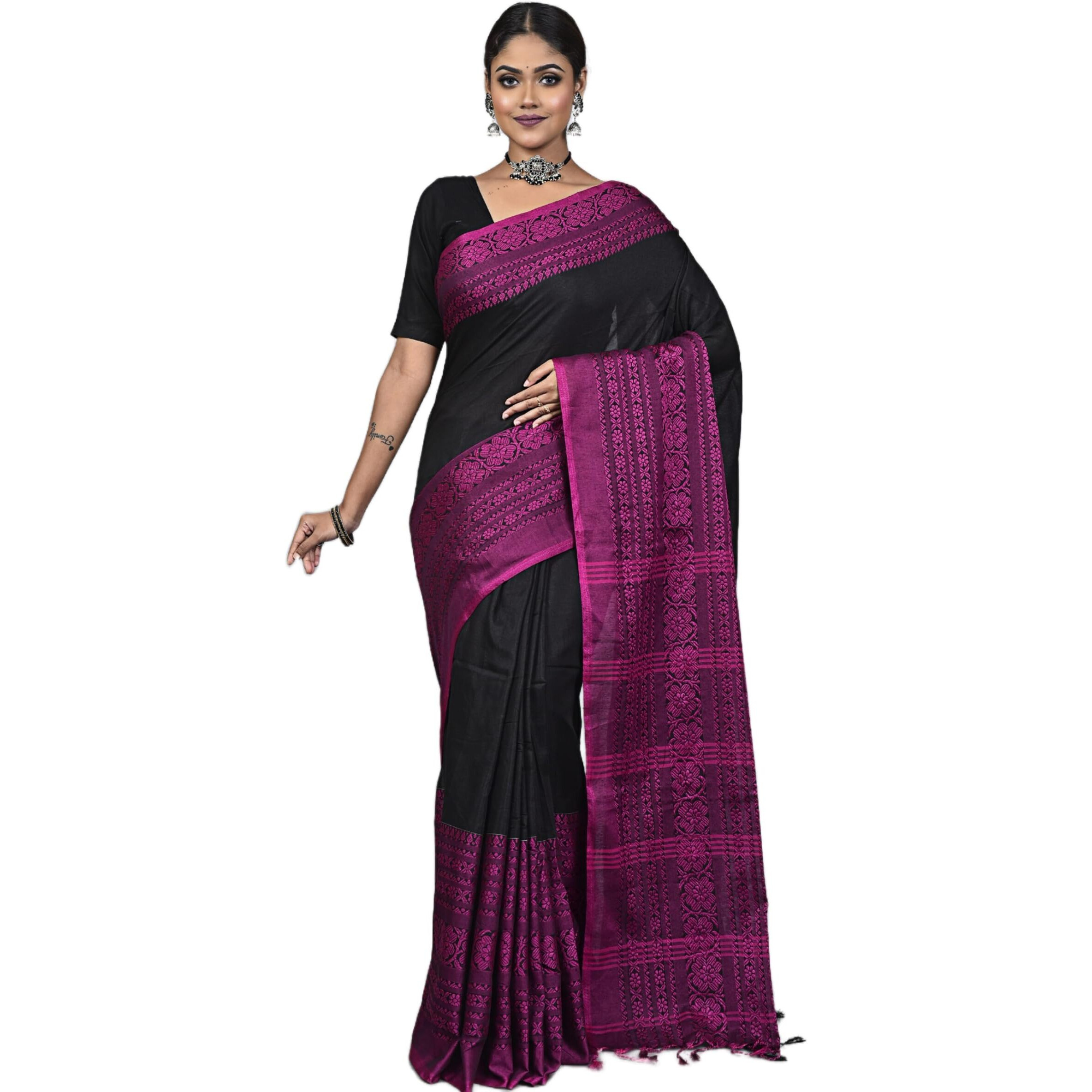 Laxmi Handloom Womens Traditional Bengal Handloom Begampuri Cotton Saree (Black Pink)