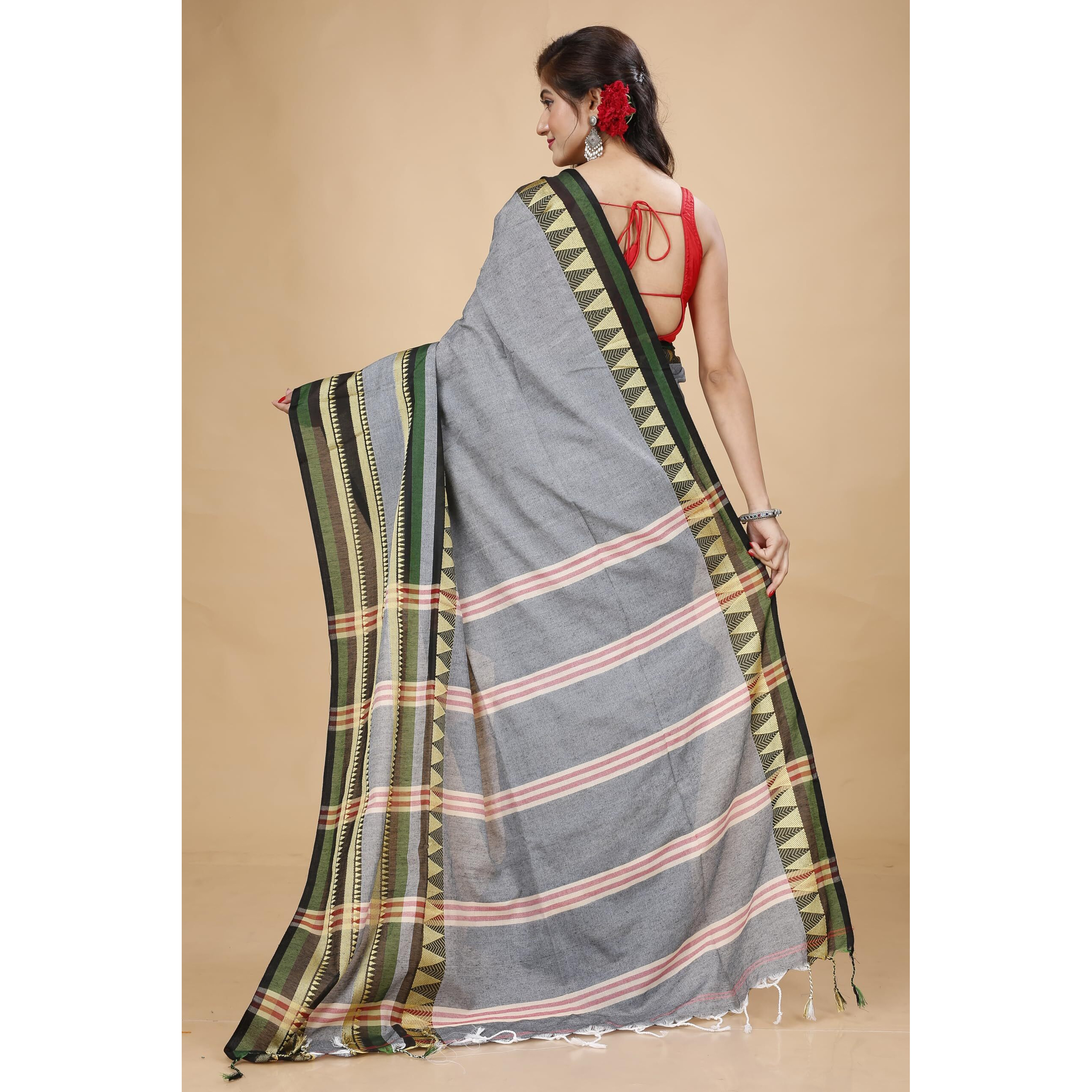 Laxmi Handloom Womens Traditional Bengal Handloom Begampuri Cotton Saree (Grey Green)