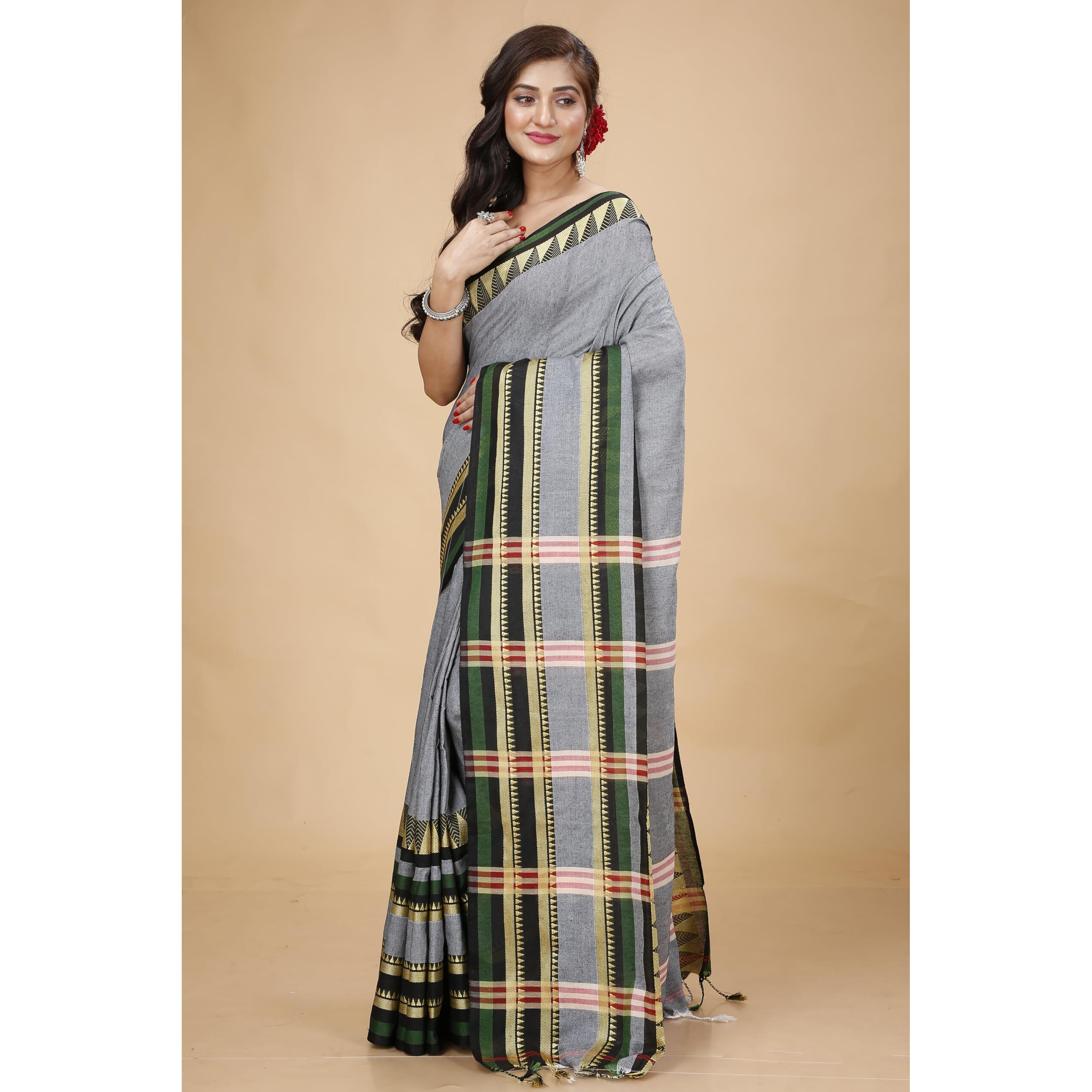 Laxmi Handloom Womens Traditional Bengal Handloom Begampuri Cotton Saree (Grey Green)
