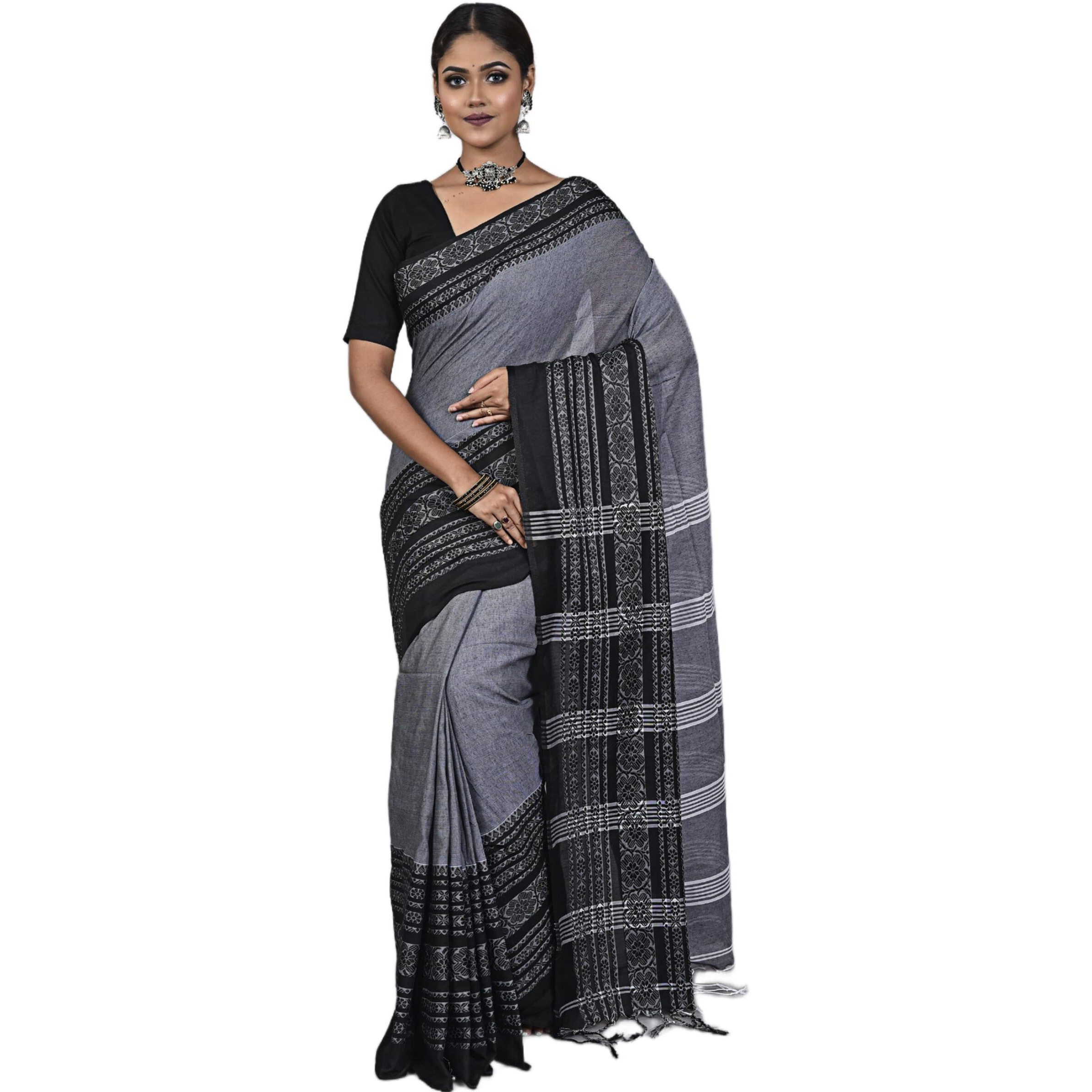 Laxmi Handloom Womens Traditional Bengal Handloom Begampuri Cotton Saree (Grey Black)