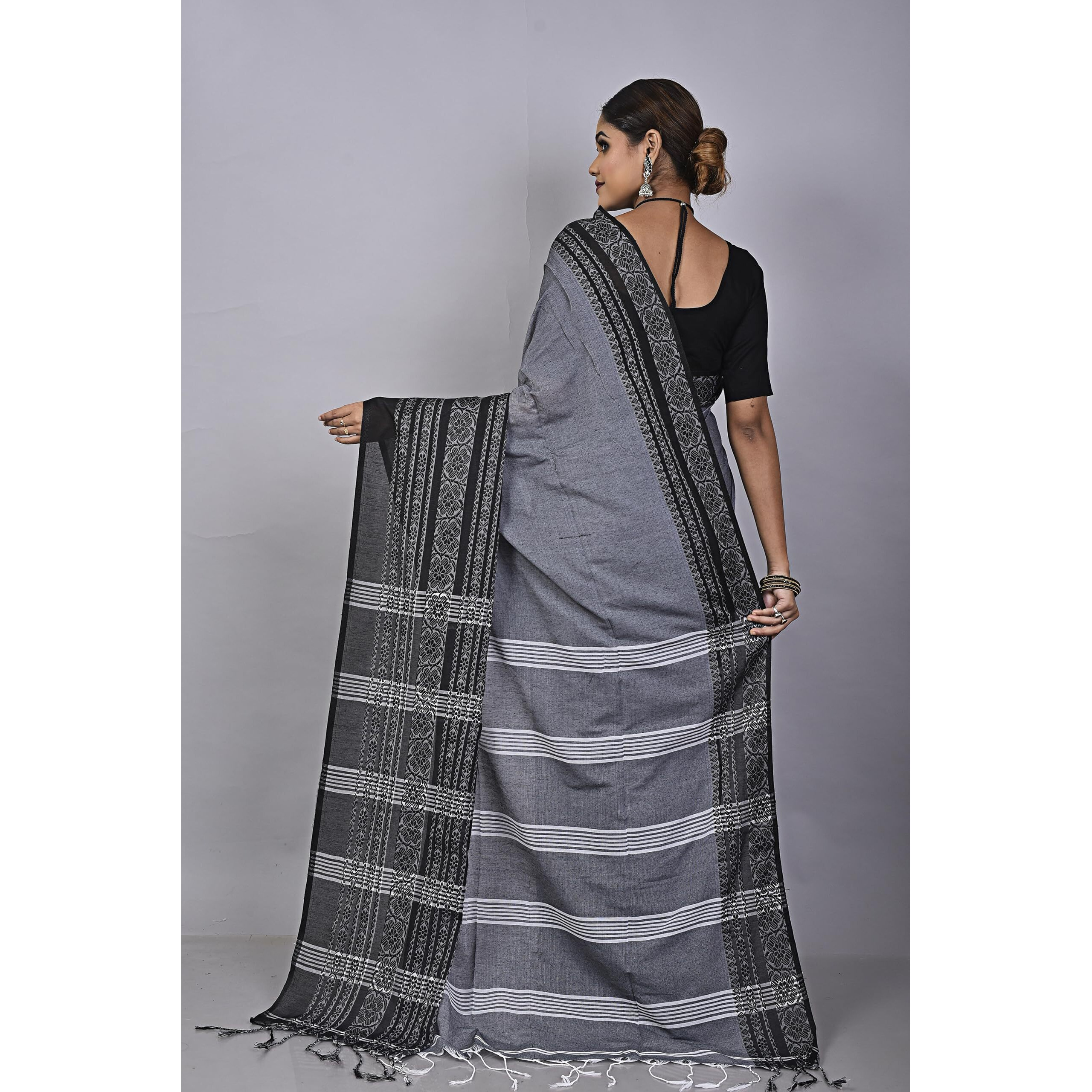Laxmi Handloom Womens Traditional Bengal Handloom Begampuri Cotton Saree (Grey Black)