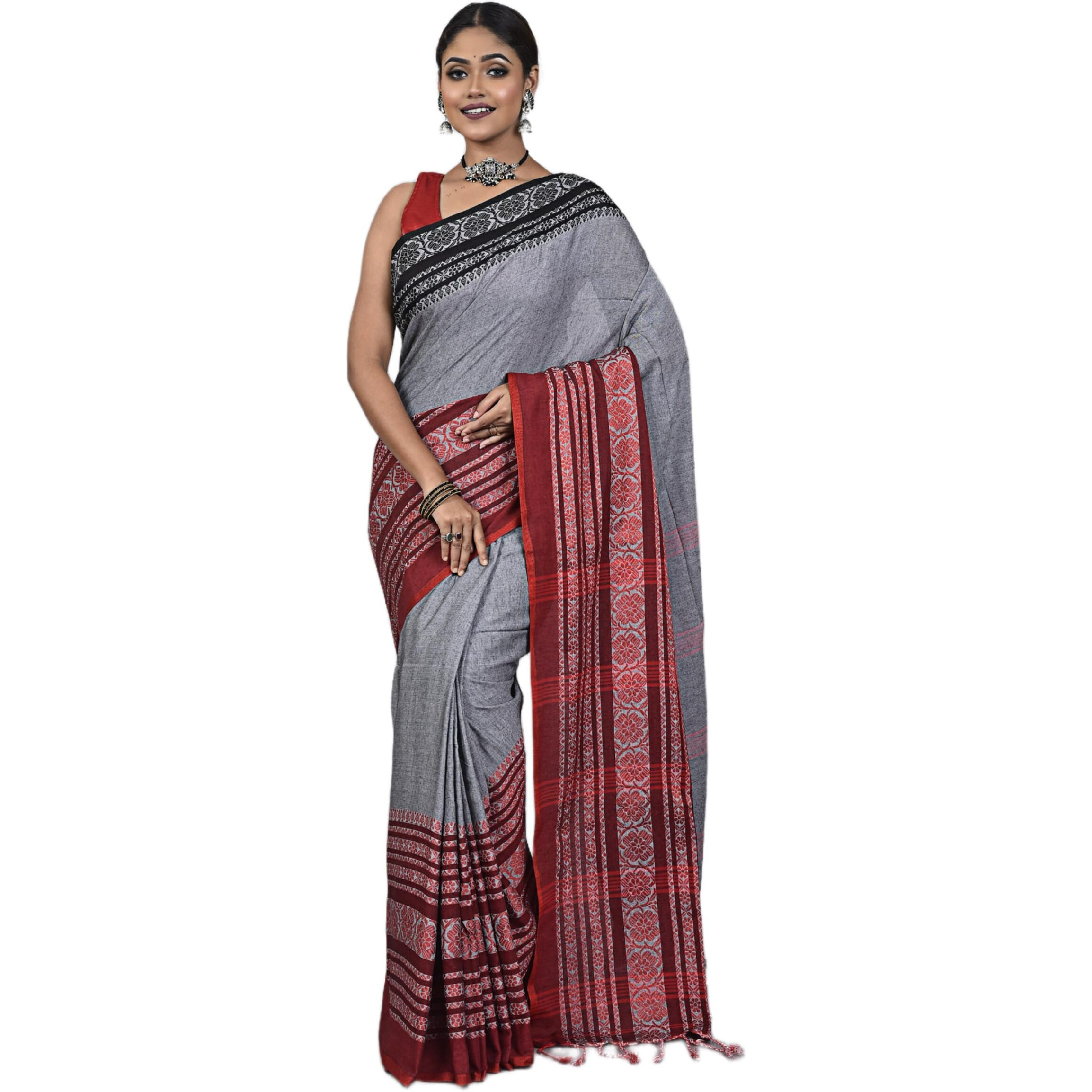 Laxmi Handloom Womens Traditional Bengal Handloom Begampuri Cotton Saree (Grey Red Black)