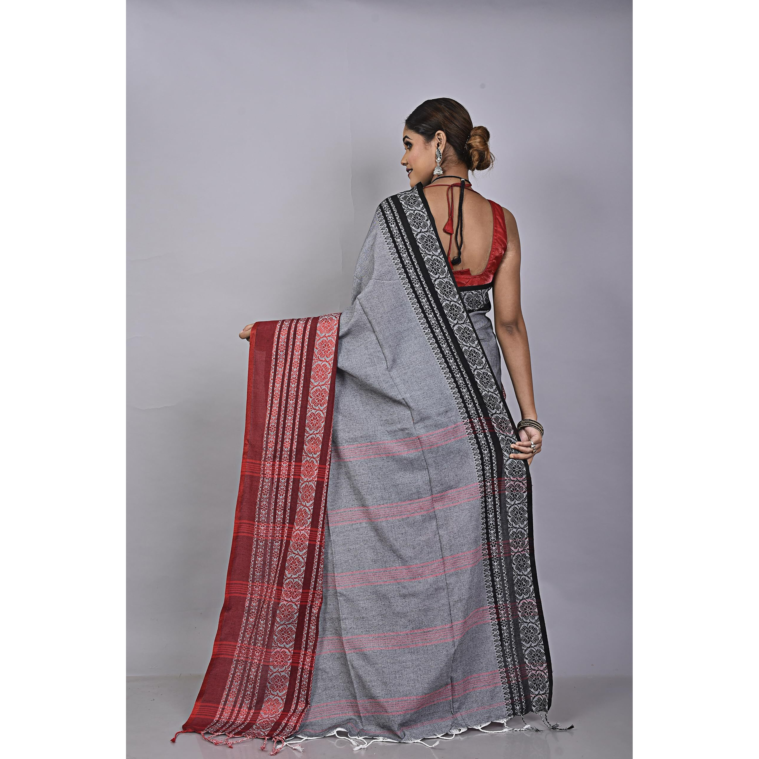 Laxmi Handloom Womens Traditional Bengal Handloom Begampuri Cotton Saree (Grey Red Black)