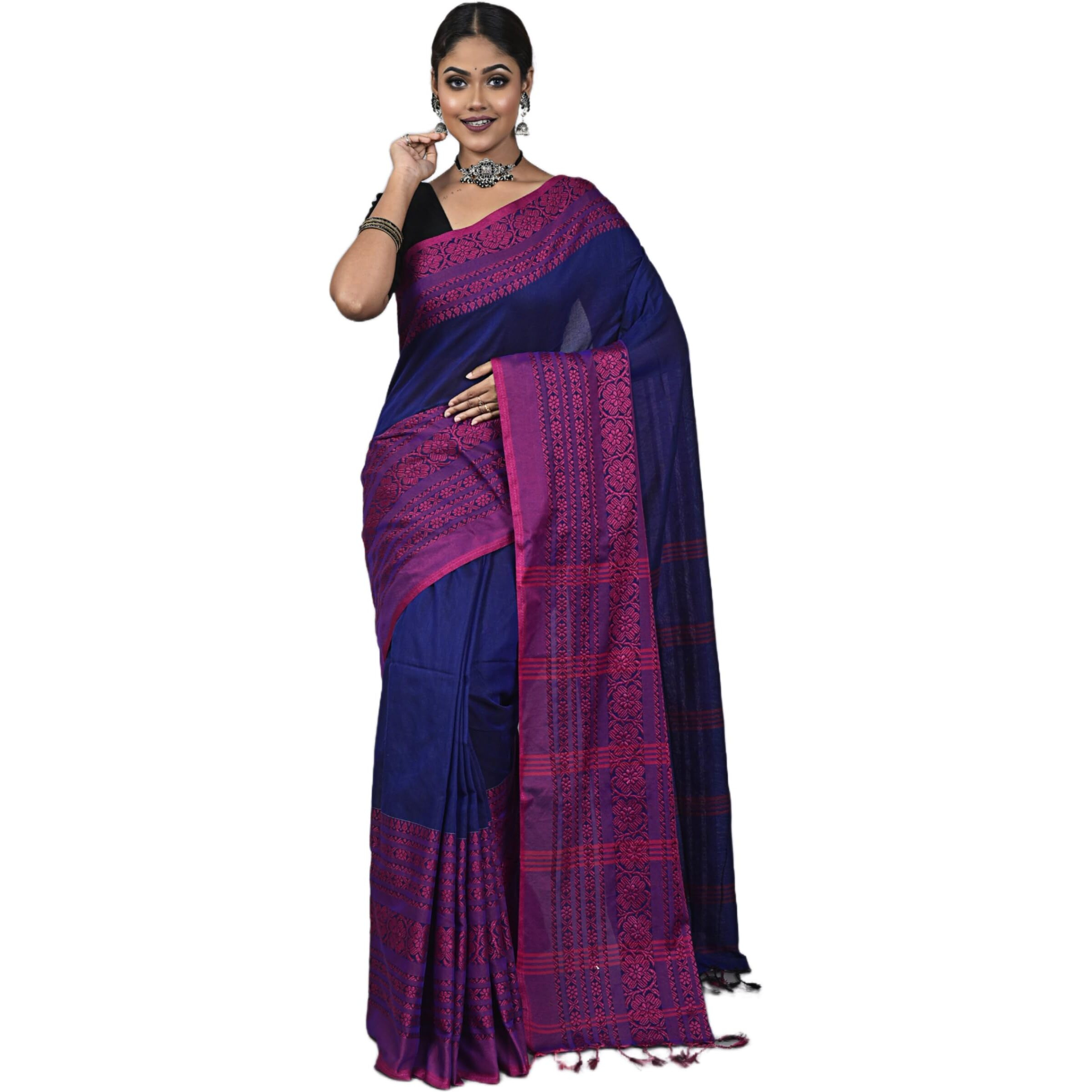 Laxmi Handloom Womens Traditional Bengal Handloom Begampuri Cotton Saree (Blue Pink)