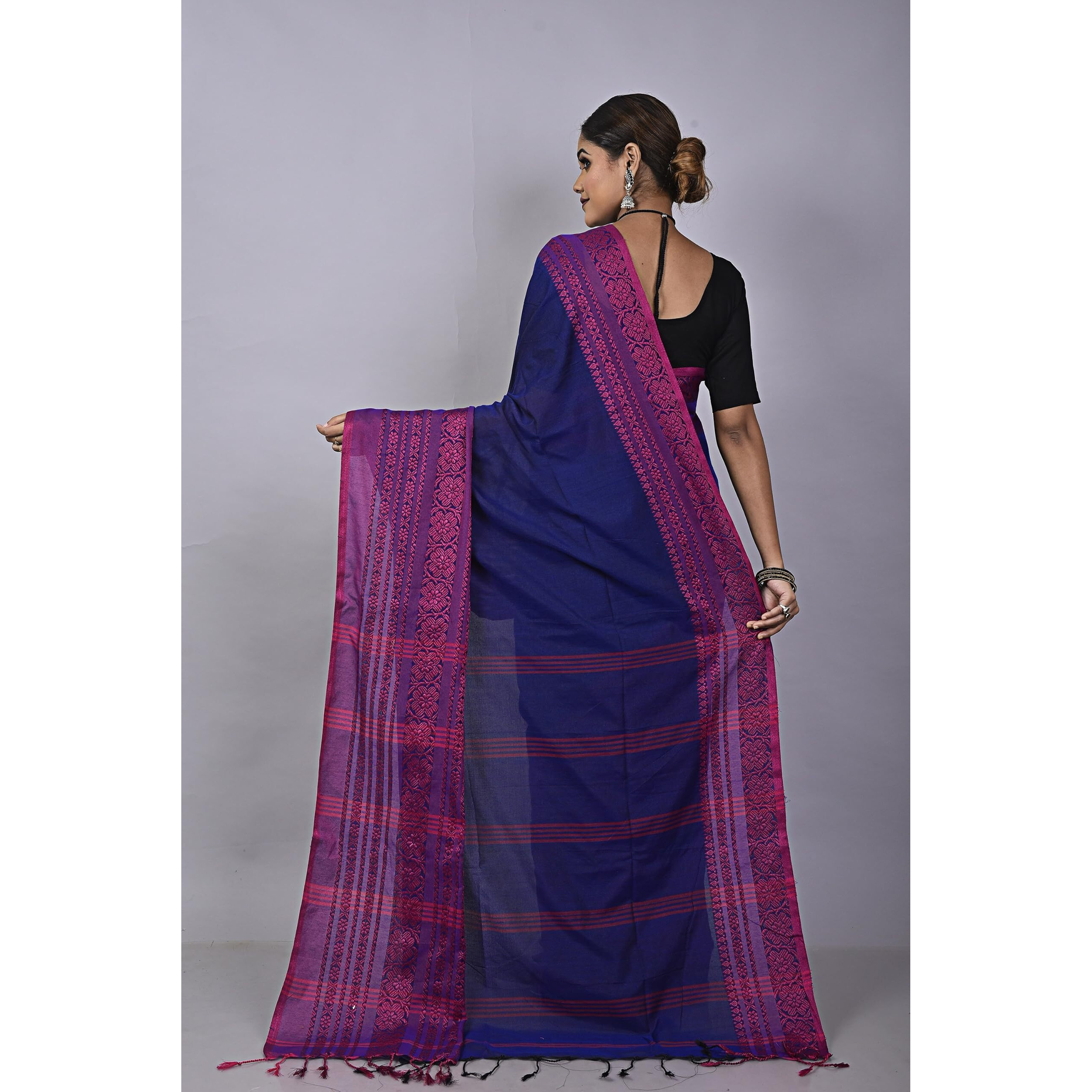 Laxmi Handloom Womens Traditional Bengal Handloom Begampuri Cotton Saree (Blue Pink)
