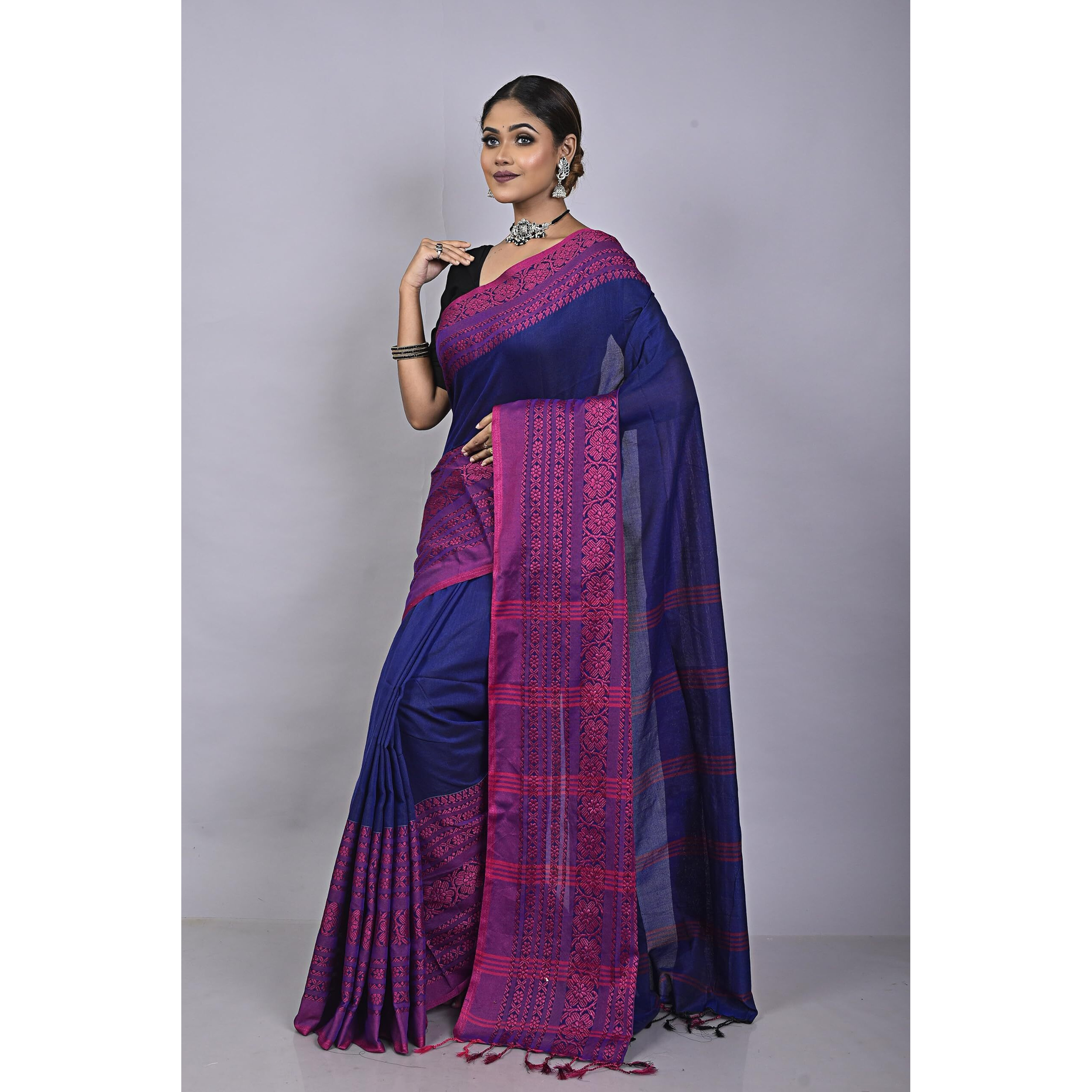 Laxmi Handloom Womens Traditional Bengal Handloom Begampuri Cotton Saree (Blue Pink)