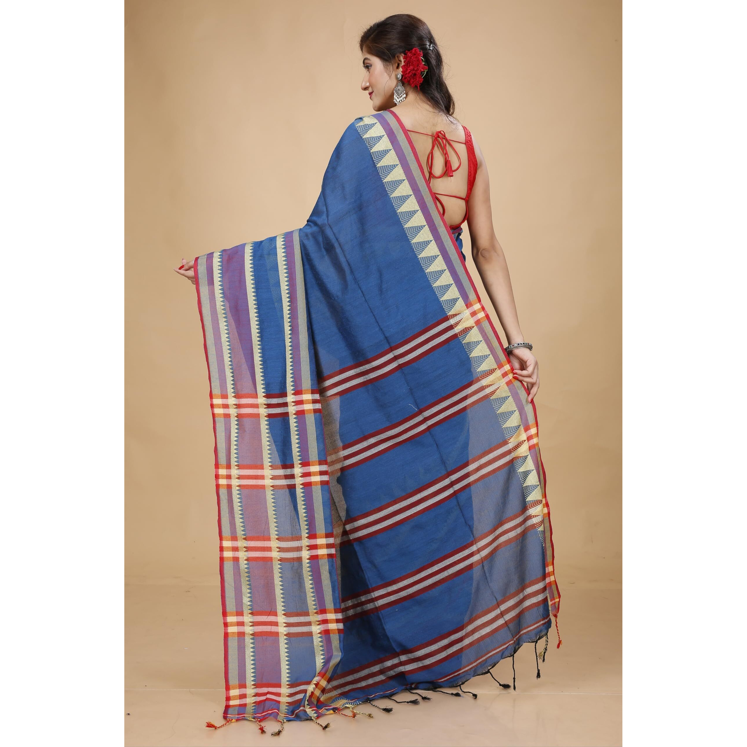 Laxmi Handloom Womens Traditional Bengal Handloom Begampuri Cotton Saree (Peacock Blue)