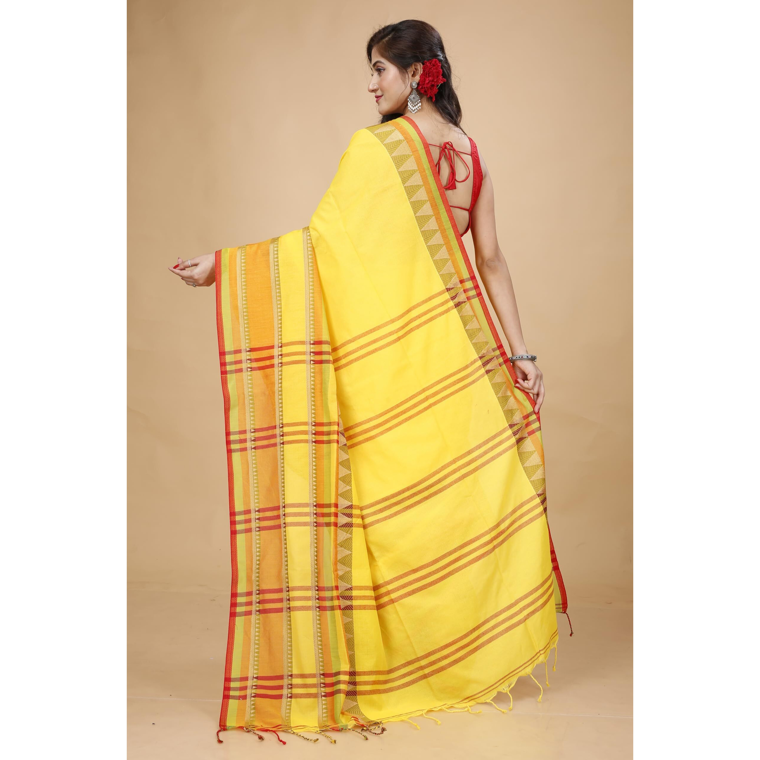Laxmi Handloom Womens Traditional Bengal Handloom Begampuri Cotton Saree (Yellow 3)