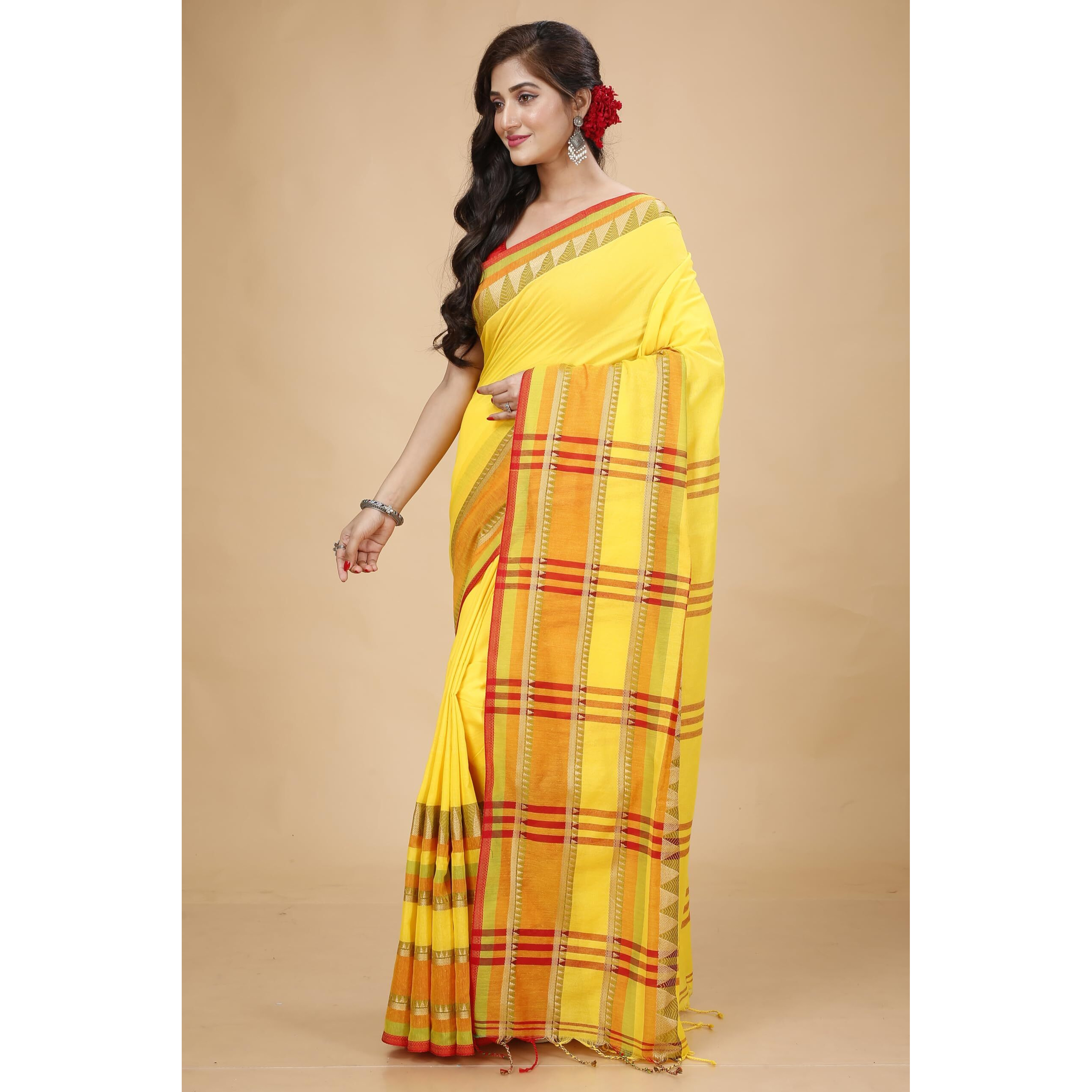 Laxmi Handloom Womens Traditional Bengal Handloom Begampuri Cotton Saree (Yellow 3)
