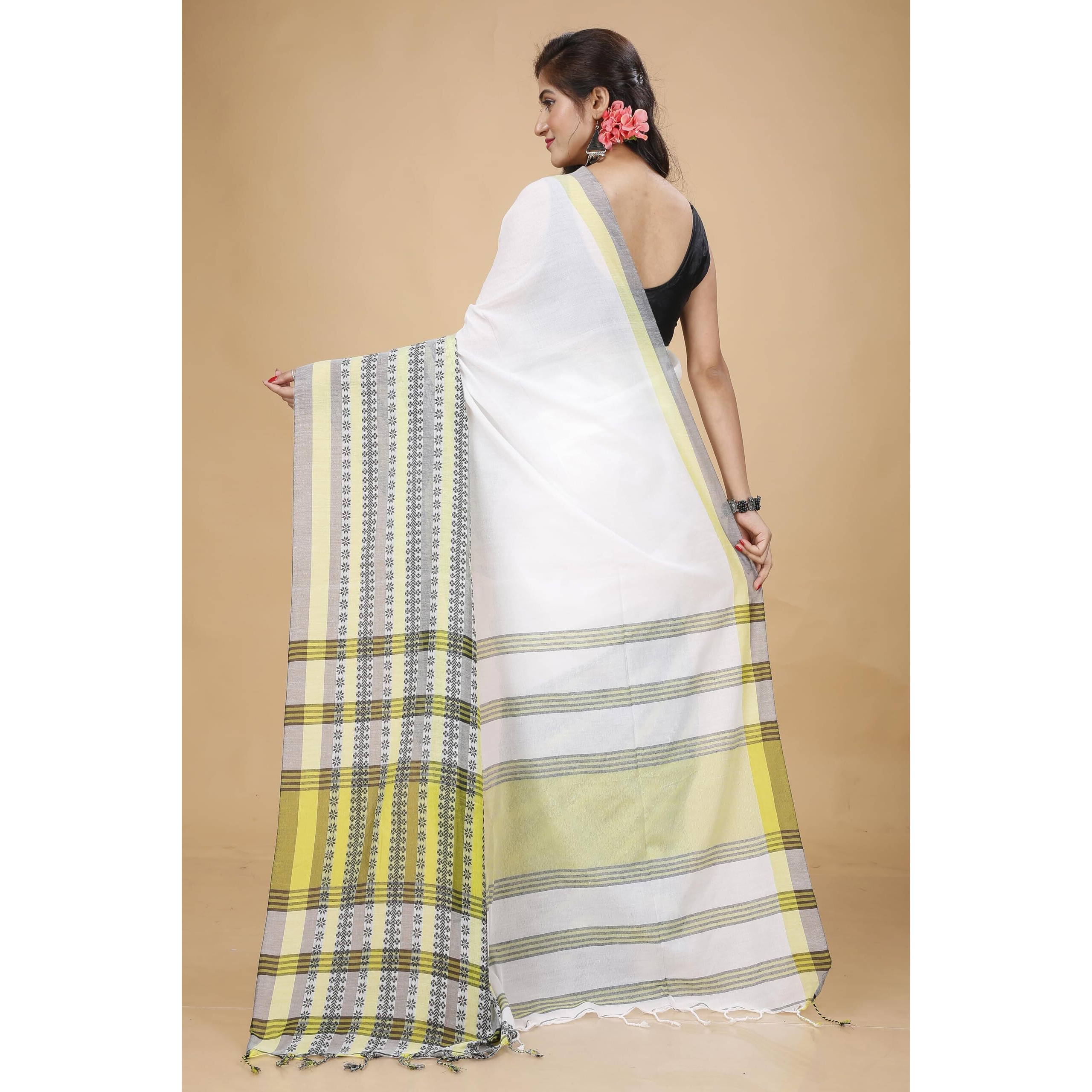 Laxmi Handloom Womens Traditional Bengal Handloom Begampuri Cotton Saree (White Lemon)