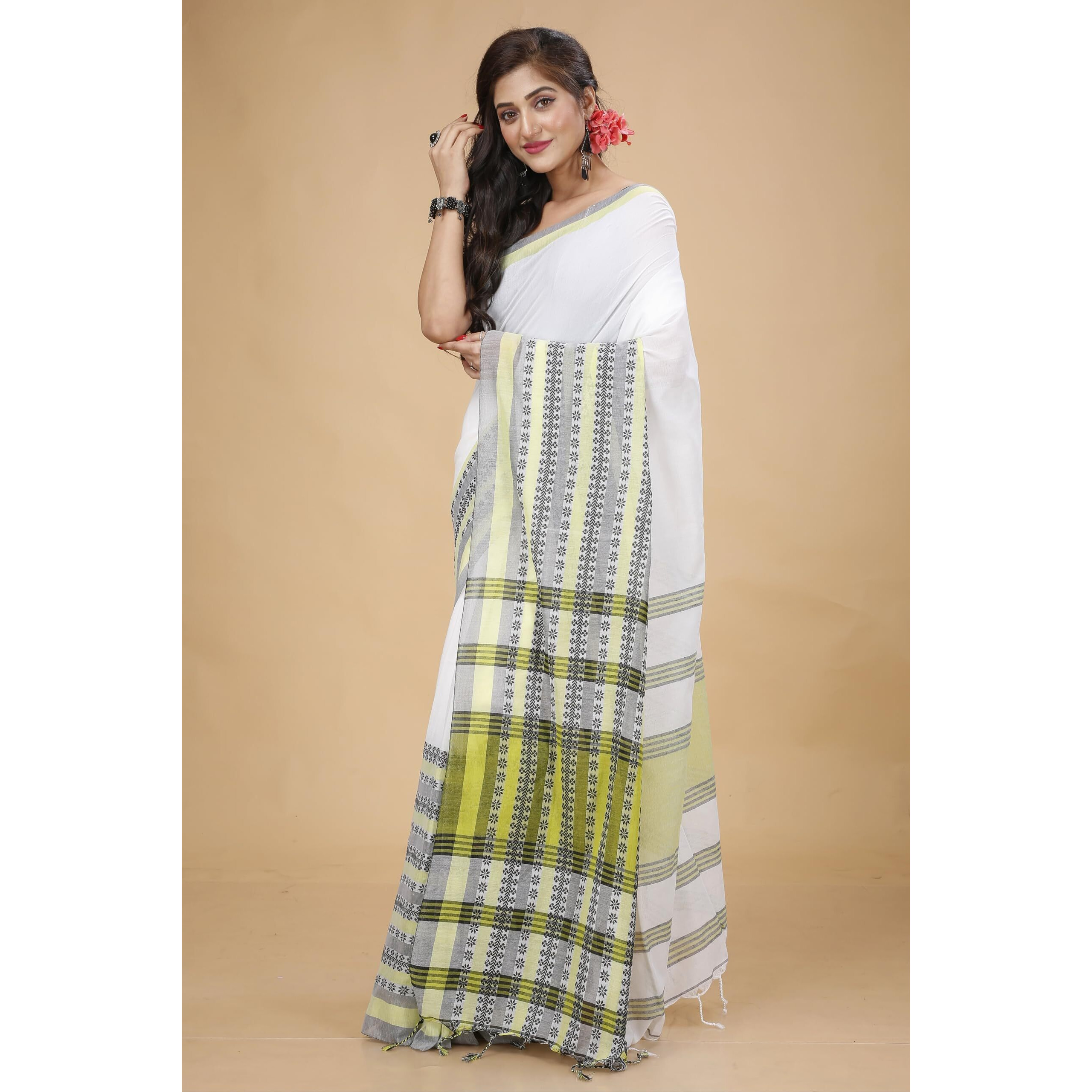 Laxmi Handloom Womens Traditional Bengal Handloom Begampuri Cotton Saree (White Lemon)