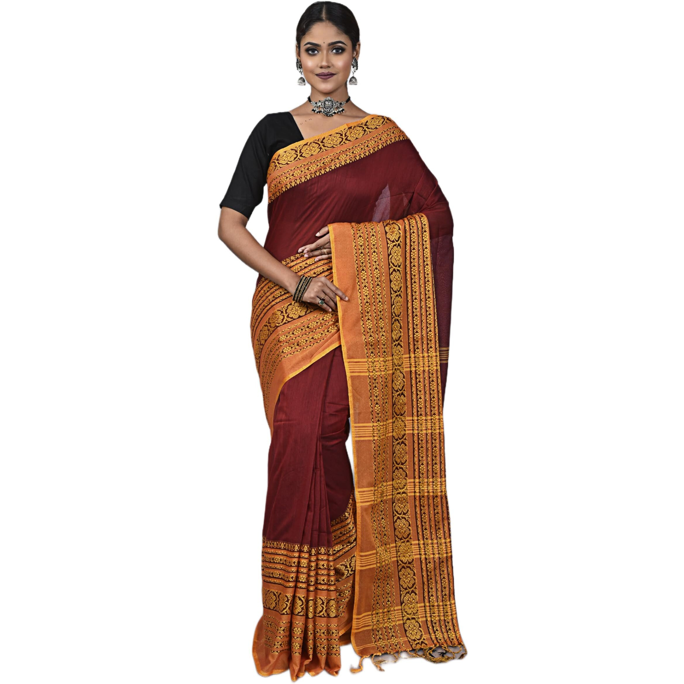 Laxmi Handloom Womens Traditional Bengal Handloom Begampuri Cotton Saree (Maroon Yellow)
