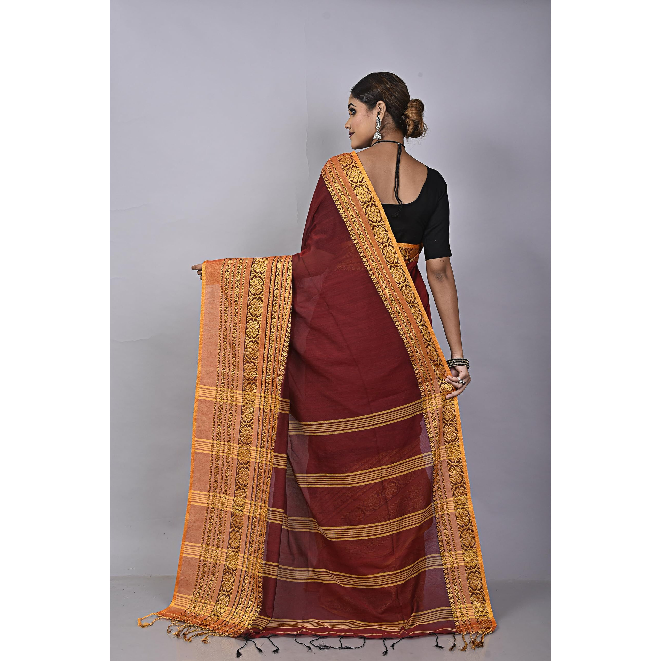 Laxmi Handloom Womens Traditional Bengal Handloom Begampuri Cotton Saree (Maroon Yellow)