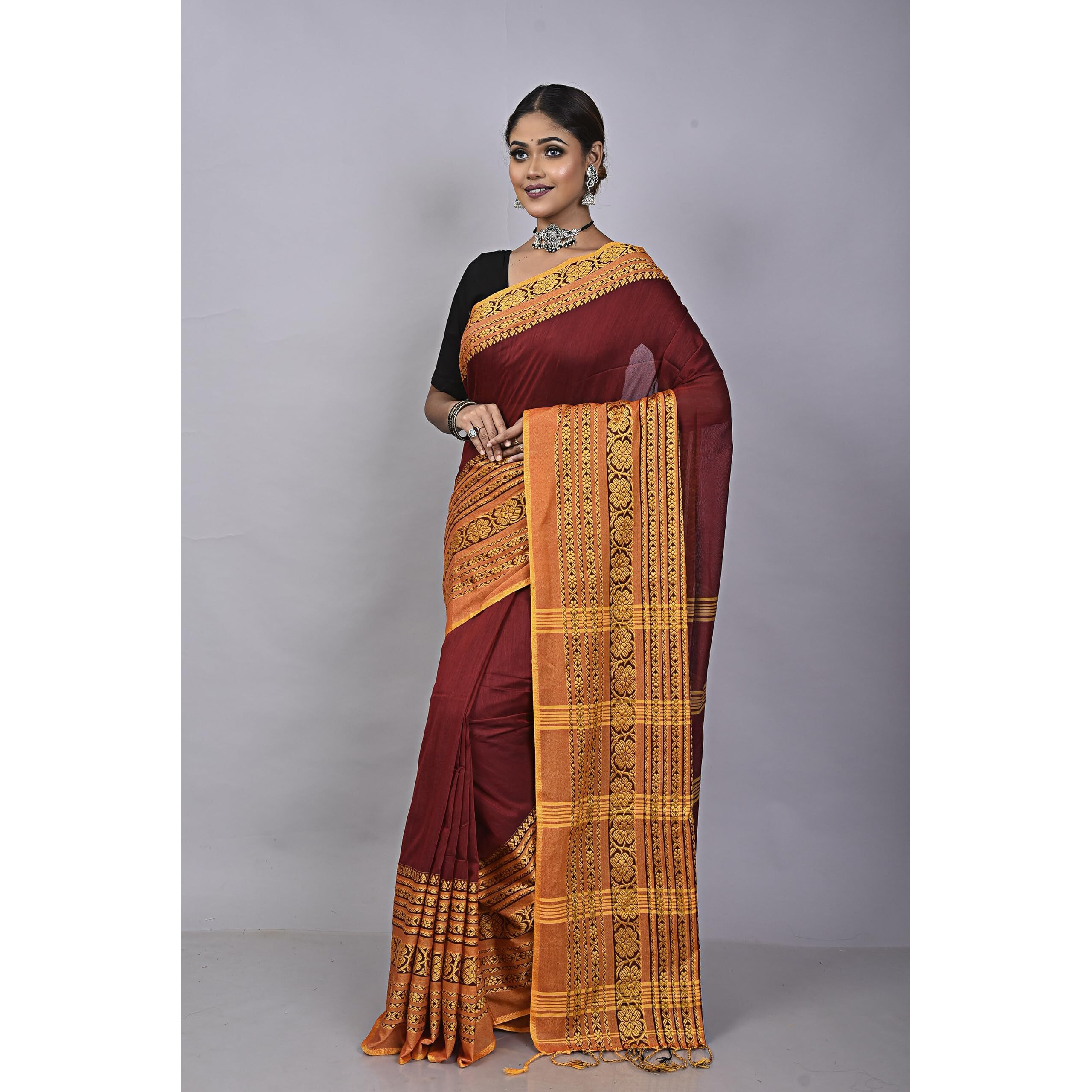 Laxmi Handloom Womens Traditional Bengal Handloom Begampuri Cotton Saree (Maroon Yellow)