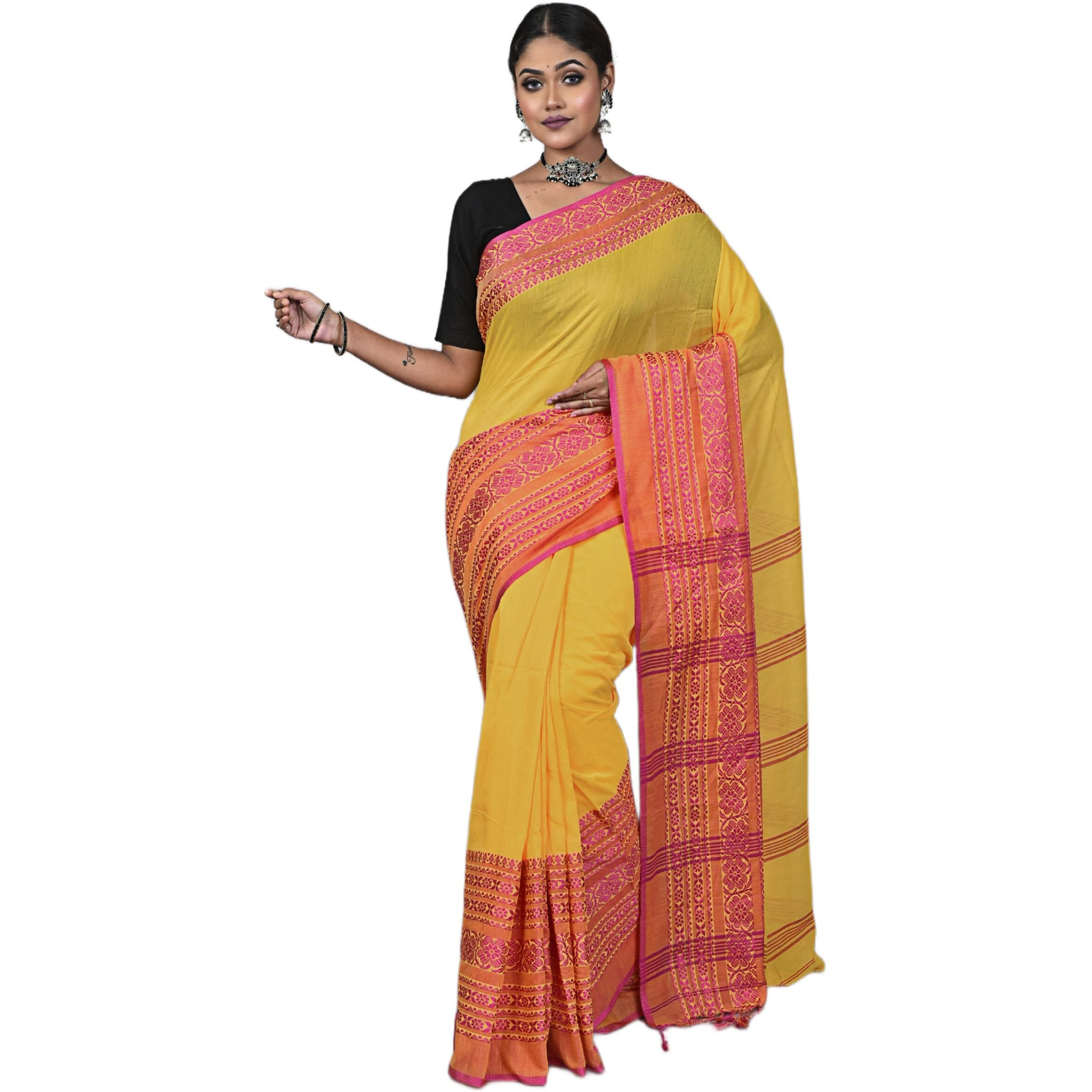 Laxmi Handloom Womens Traditional Bengal Handloom Begampuri Cotton Saree (Yellow Pink)