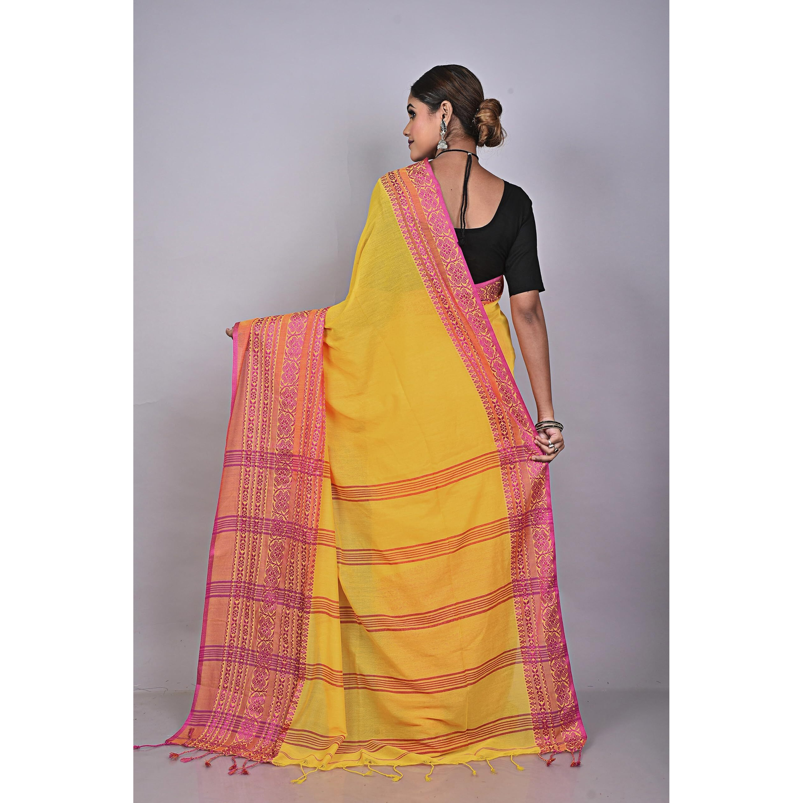 Laxmi Handloom Womens Traditional Bengal Handloom Begampuri Cotton Saree (Yellow Pink)