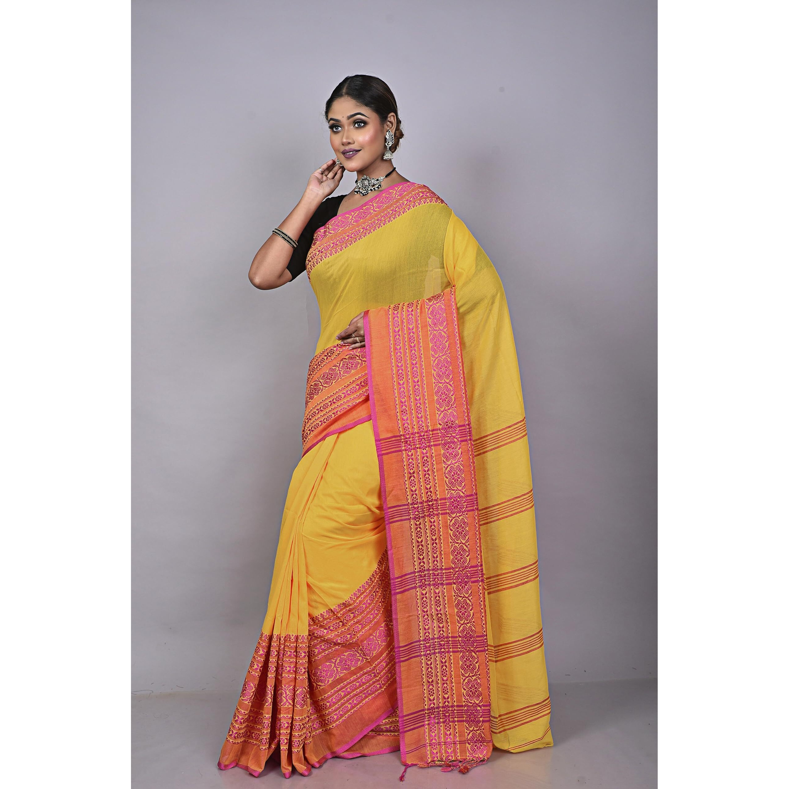 Laxmi Handloom Womens Traditional Bengal Handloom Begampuri Cotton Saree (Yellow Pink)
