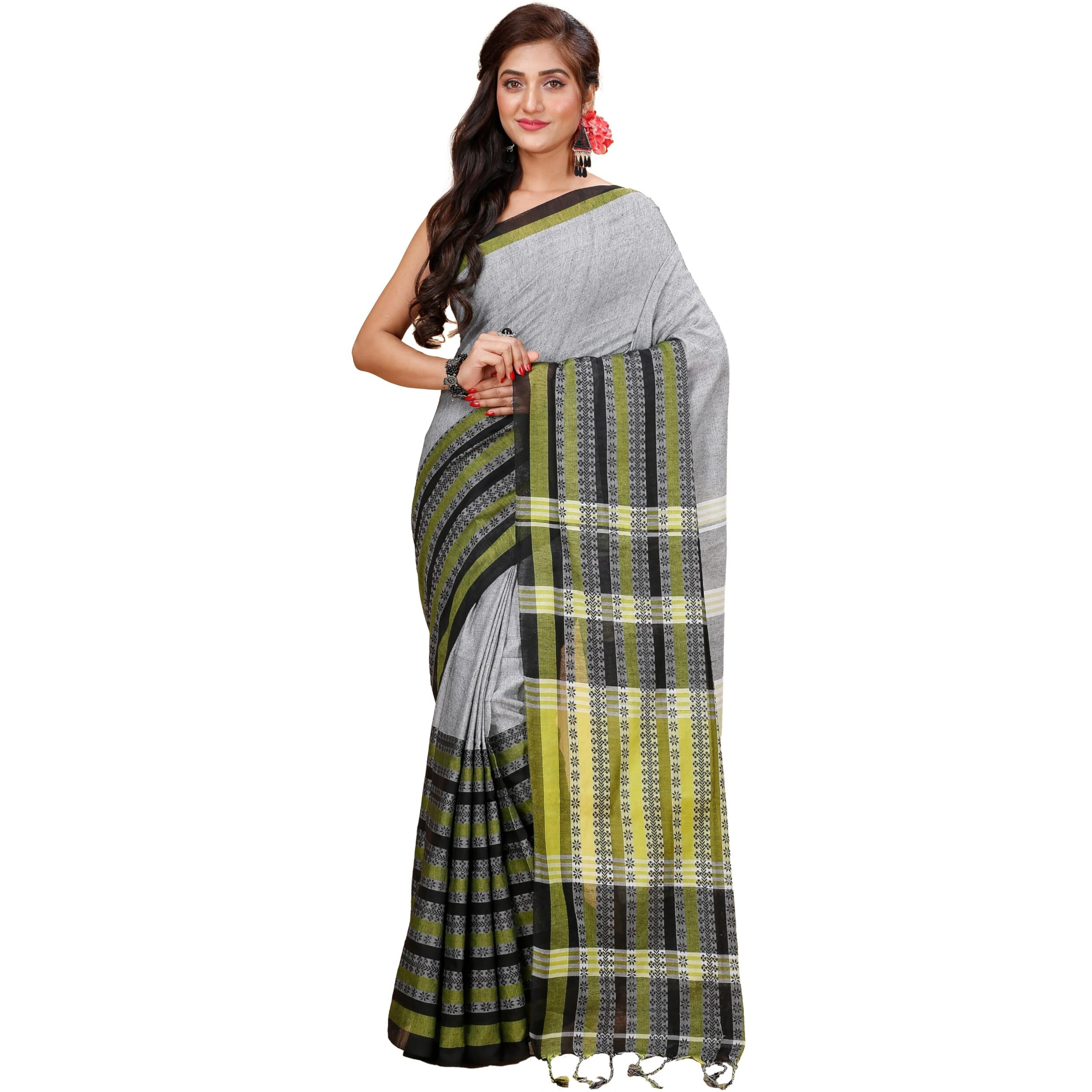 Laxmi Handloom Womens Traditional Bengal Handloom Begampuri Cotton Saree (Grey Lemon)
