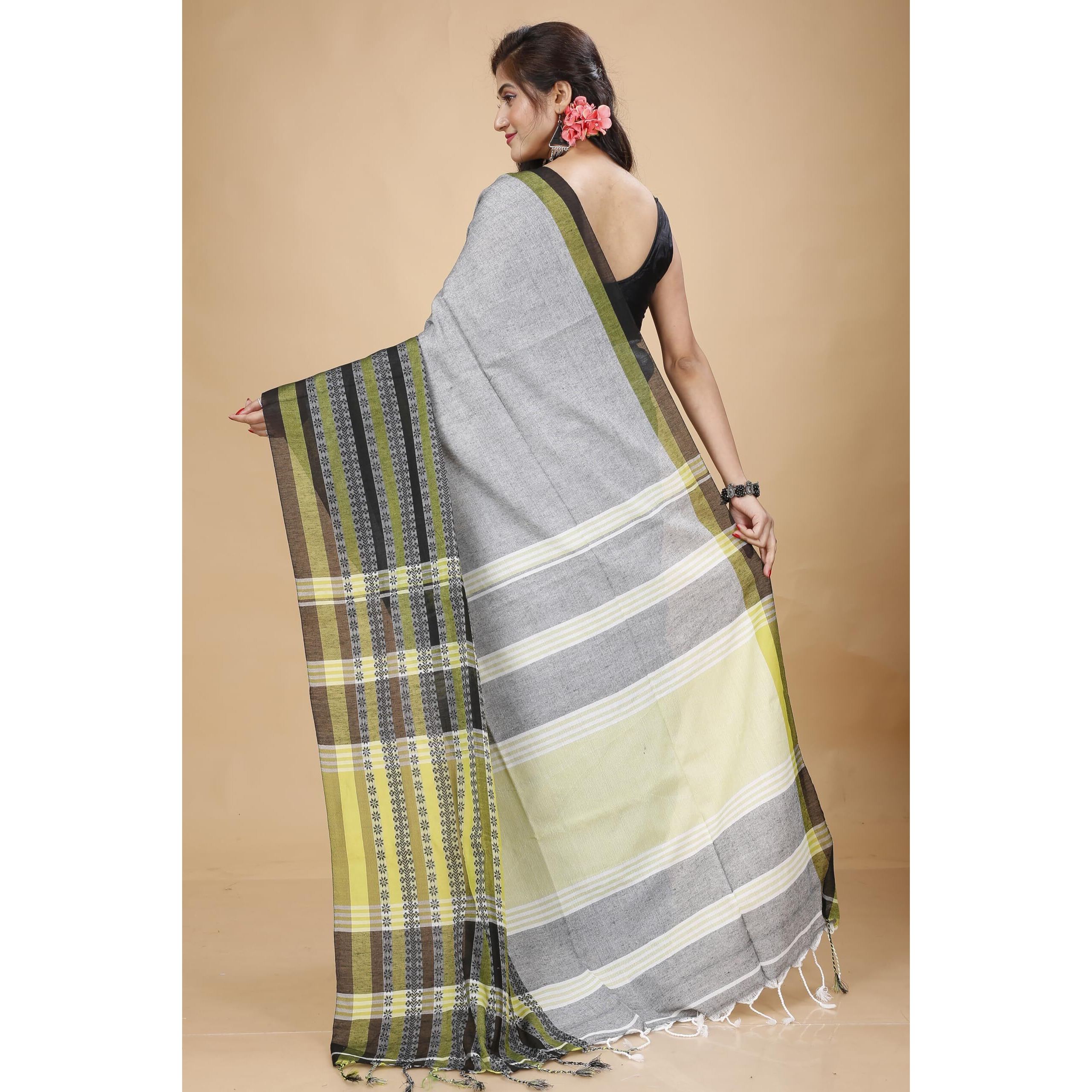 Laxmi Handloom Womens Traditional Bengal Handloom Begampuri Cotton Saree (Grey Lemon)
