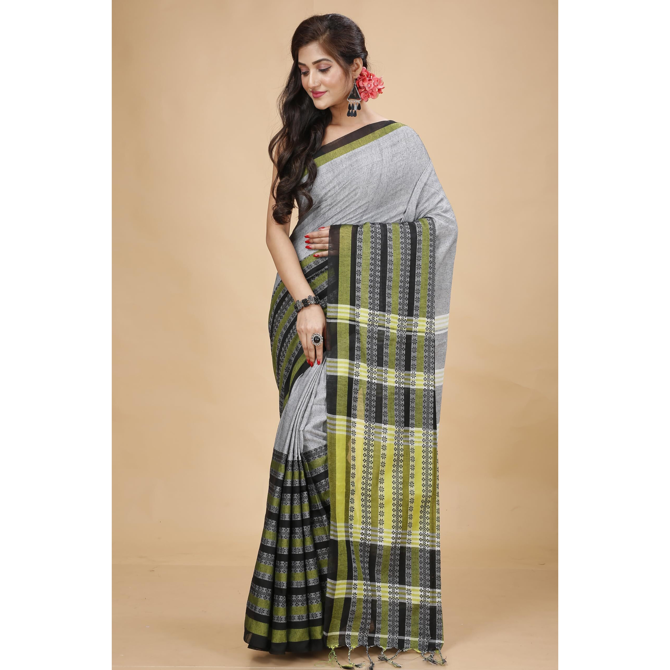 Laxmi Handloom Womens Traditional Bengal Handloom Begampuri Cotton Saree (Grey Lemon)