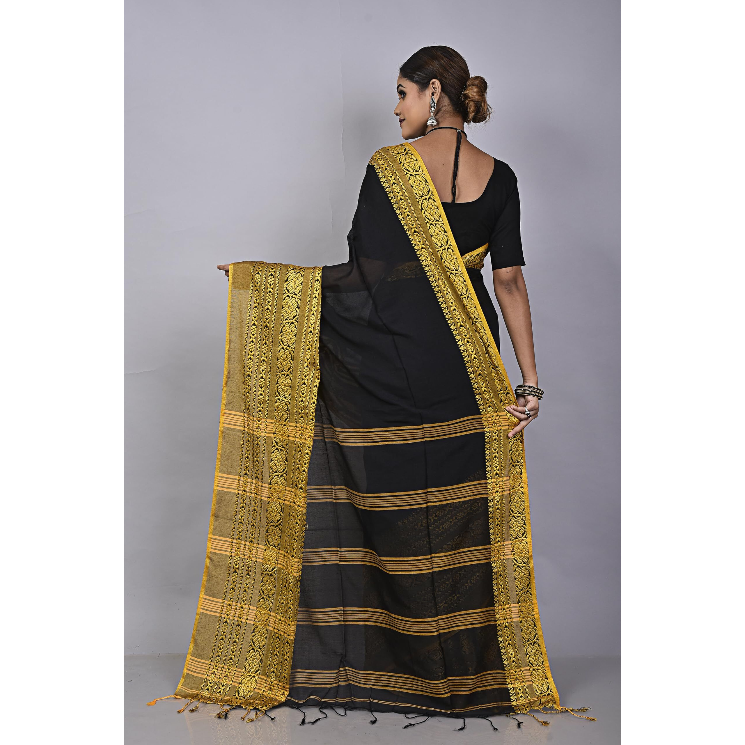 Laxmi Handloom Womens Traditional Bengal Handloom Begampuri Cotton Saree (Black Yellow)