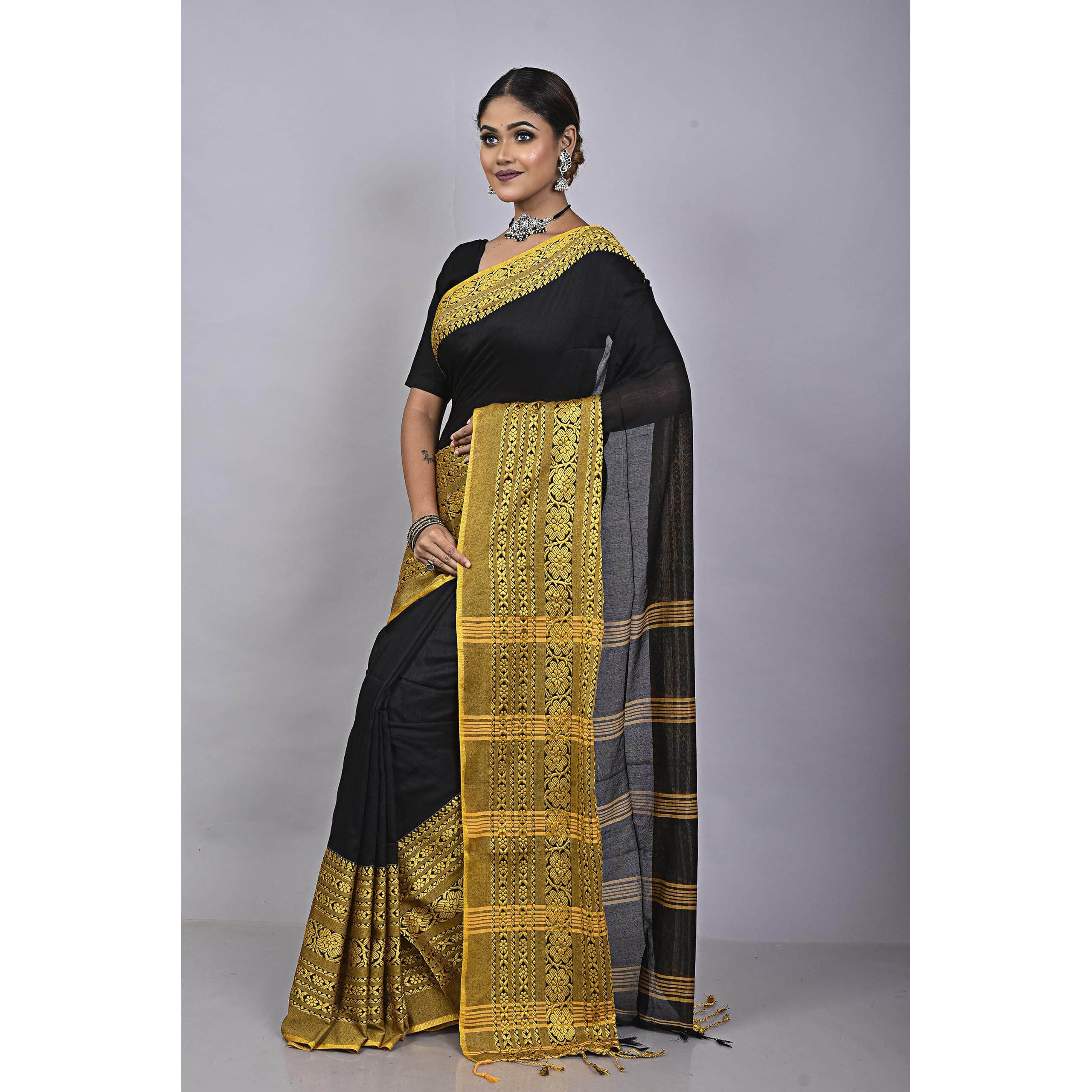 Laxmi Handloom Womens Traditional Bengal Handloom Begampuri Cotton Saree (Black Yellow)