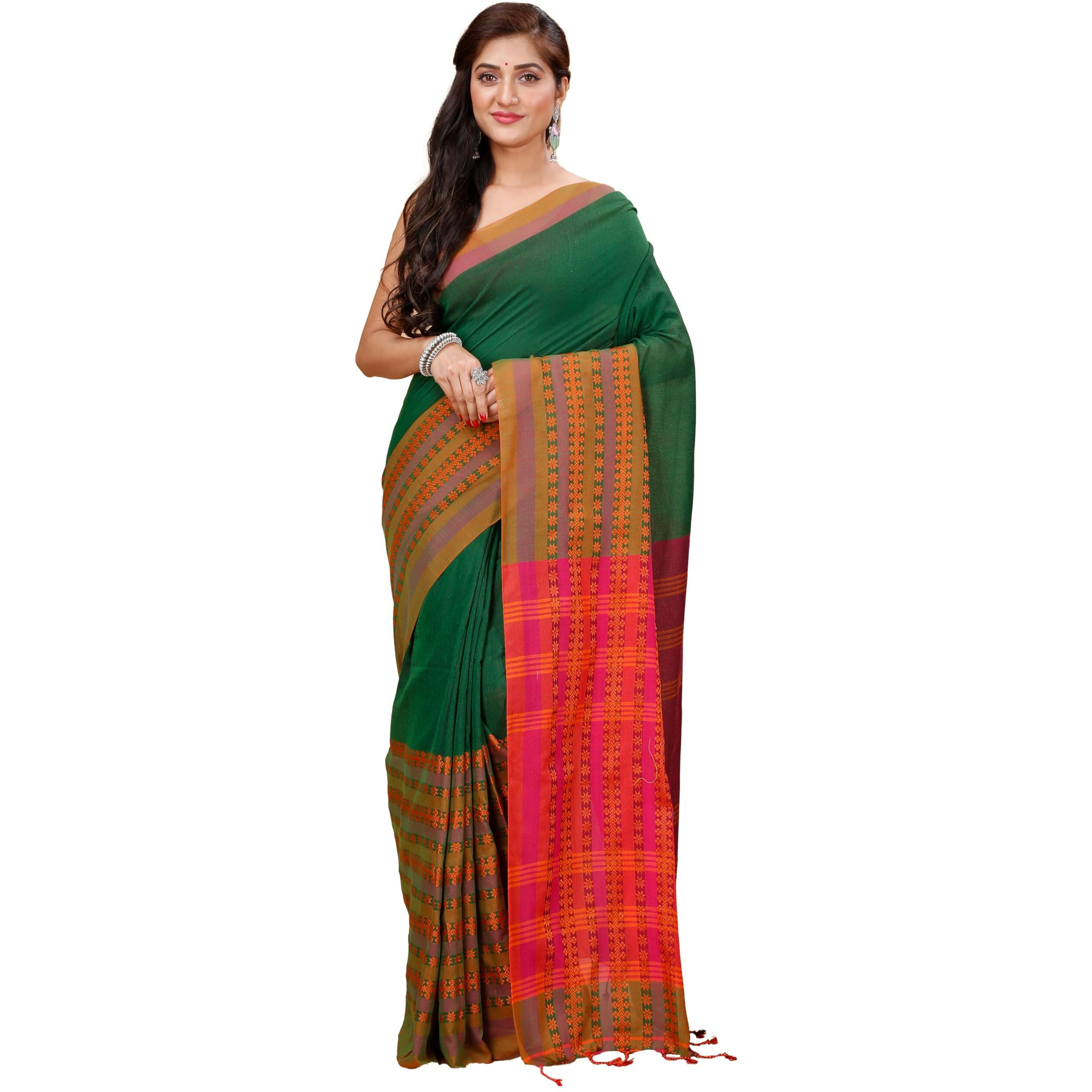 Laxmi Handloom Womens Traditional Bengal Handloom Begampuri Cotton Saree (Bottle Green)