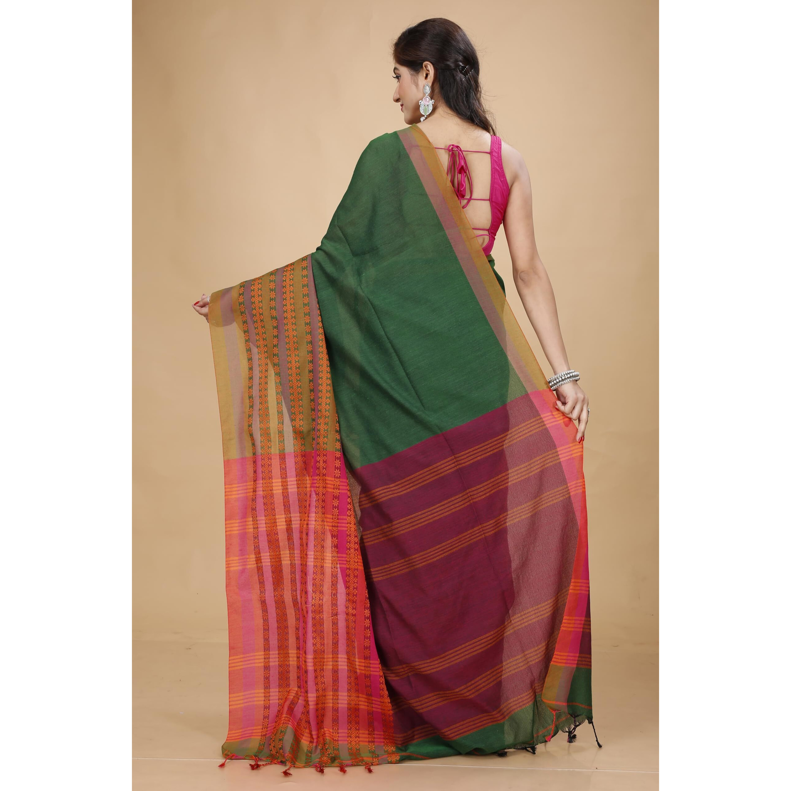 Laxmi Handloom Womens Traditional Bengal Handloom Begampuri Cotton Saree (Bottle Green)
