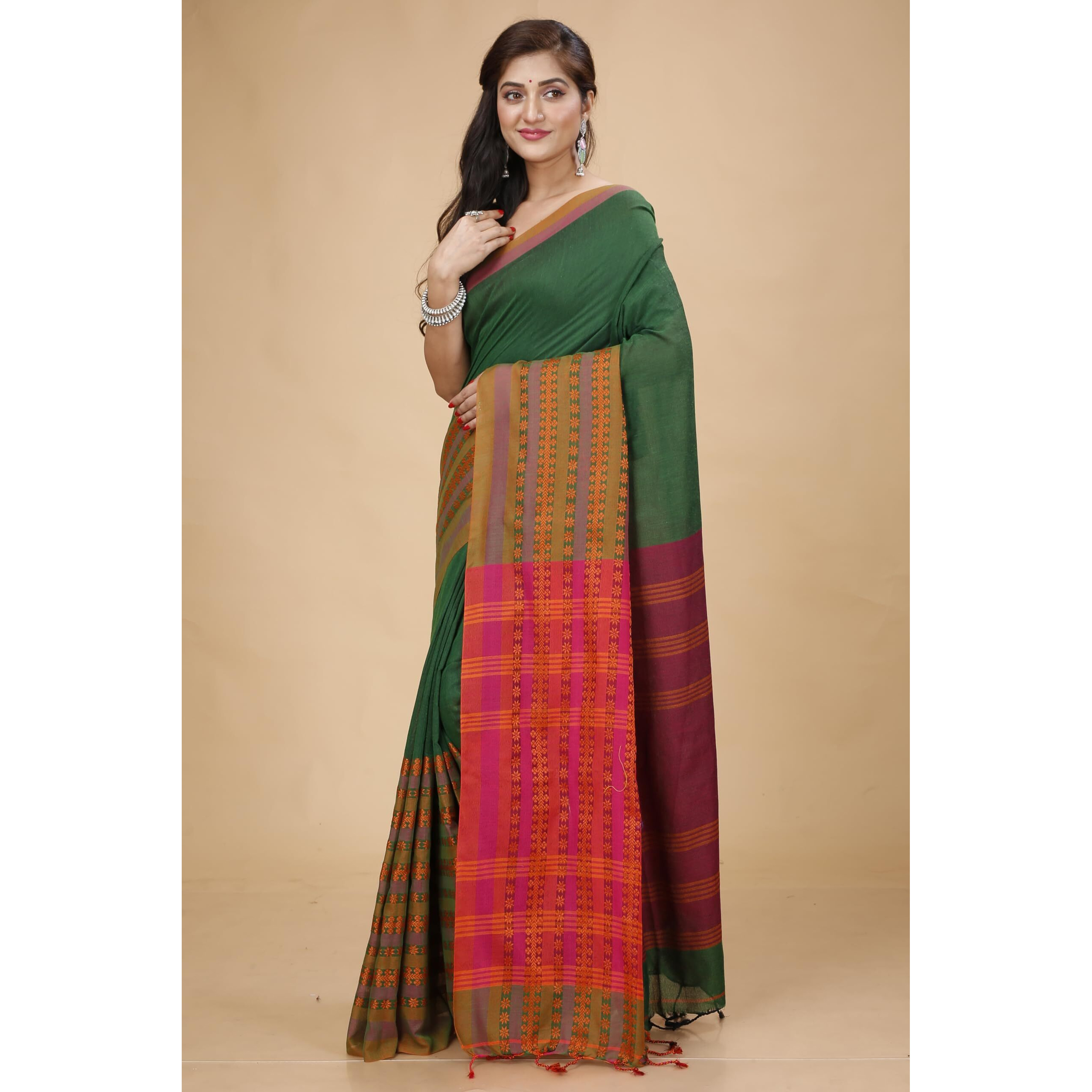 Laxmi Handloom Womens Traditional Bengal Handloom Begampuri Cotton Saree (Bottle Green)