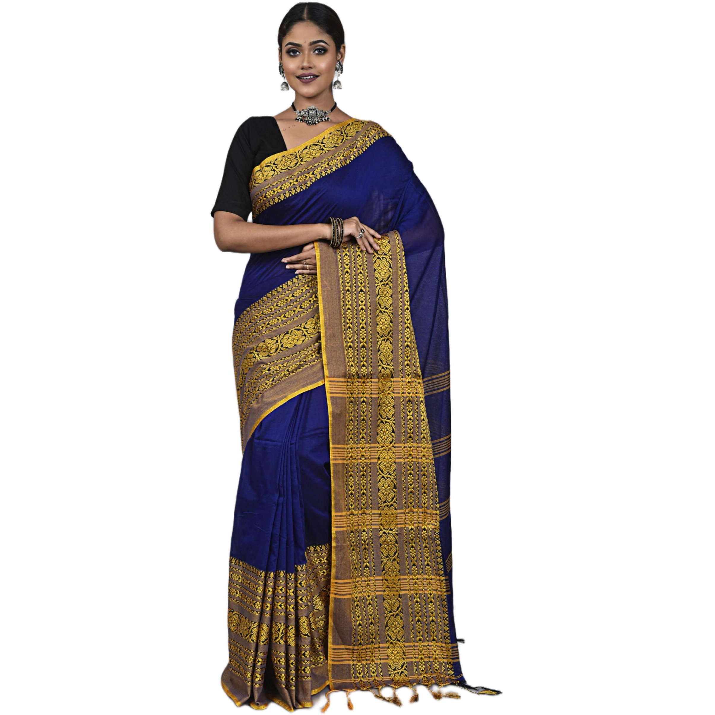 Laxmi Handloom Womens Traditional Bengal Handloom Begampuri Cotton Saree (Blue Yellow)