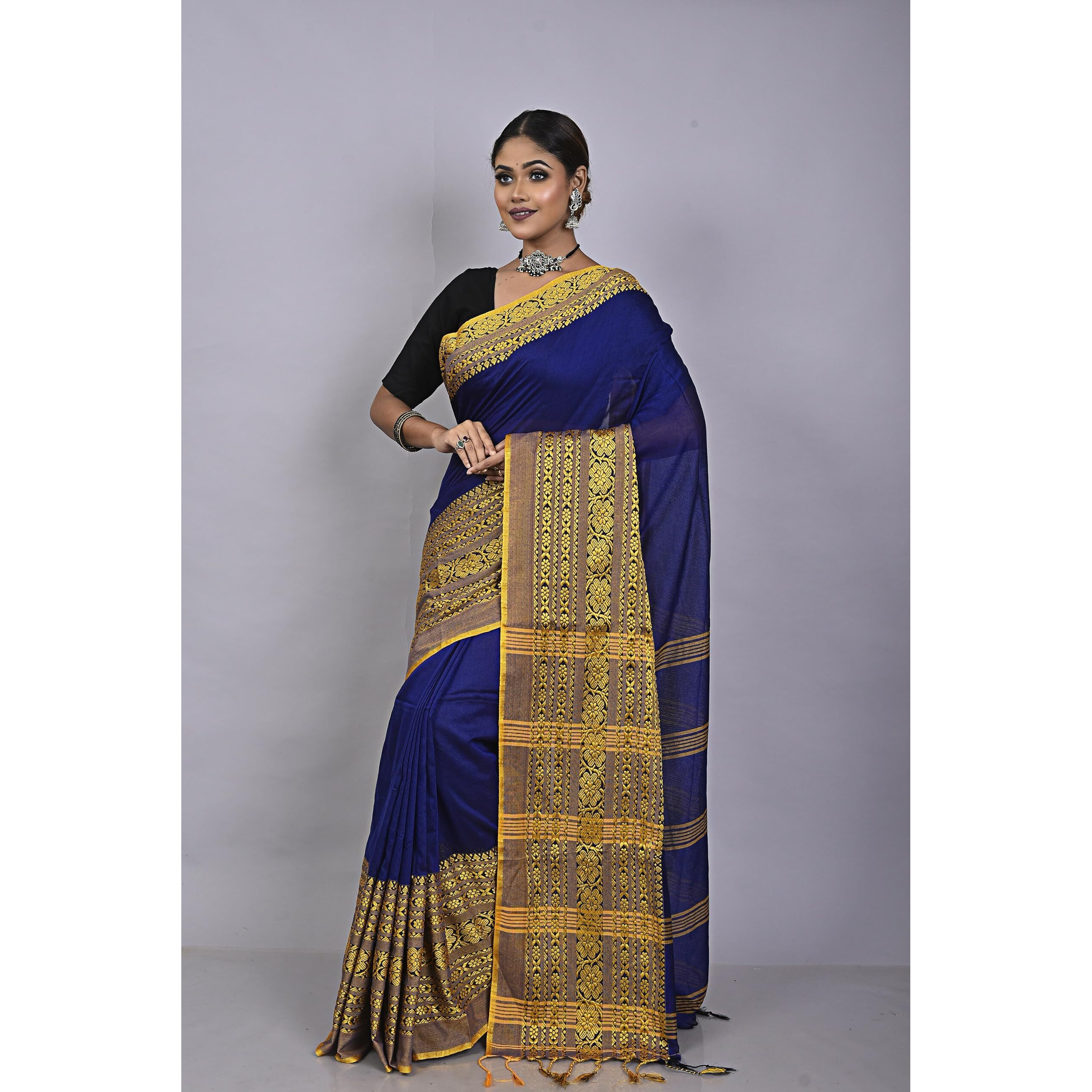 Laxmi Handloom Womens Traditional Bengal Handloom Begampuri Cotton Saree (Blue Yellow)