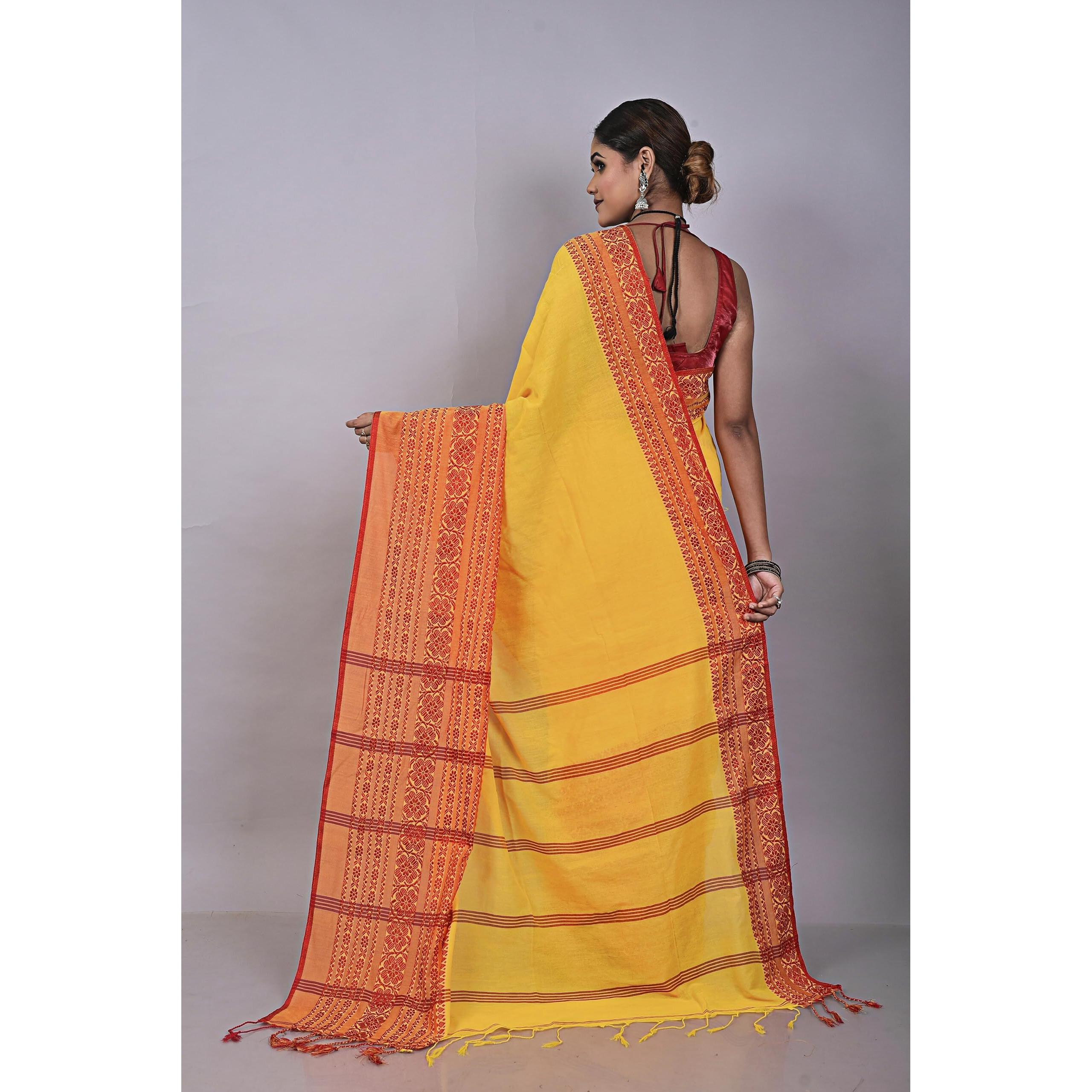 Laxmi Handloom Womens Traditional Bengal Handloom Begampuri Cotton Saree (Yellow Red)