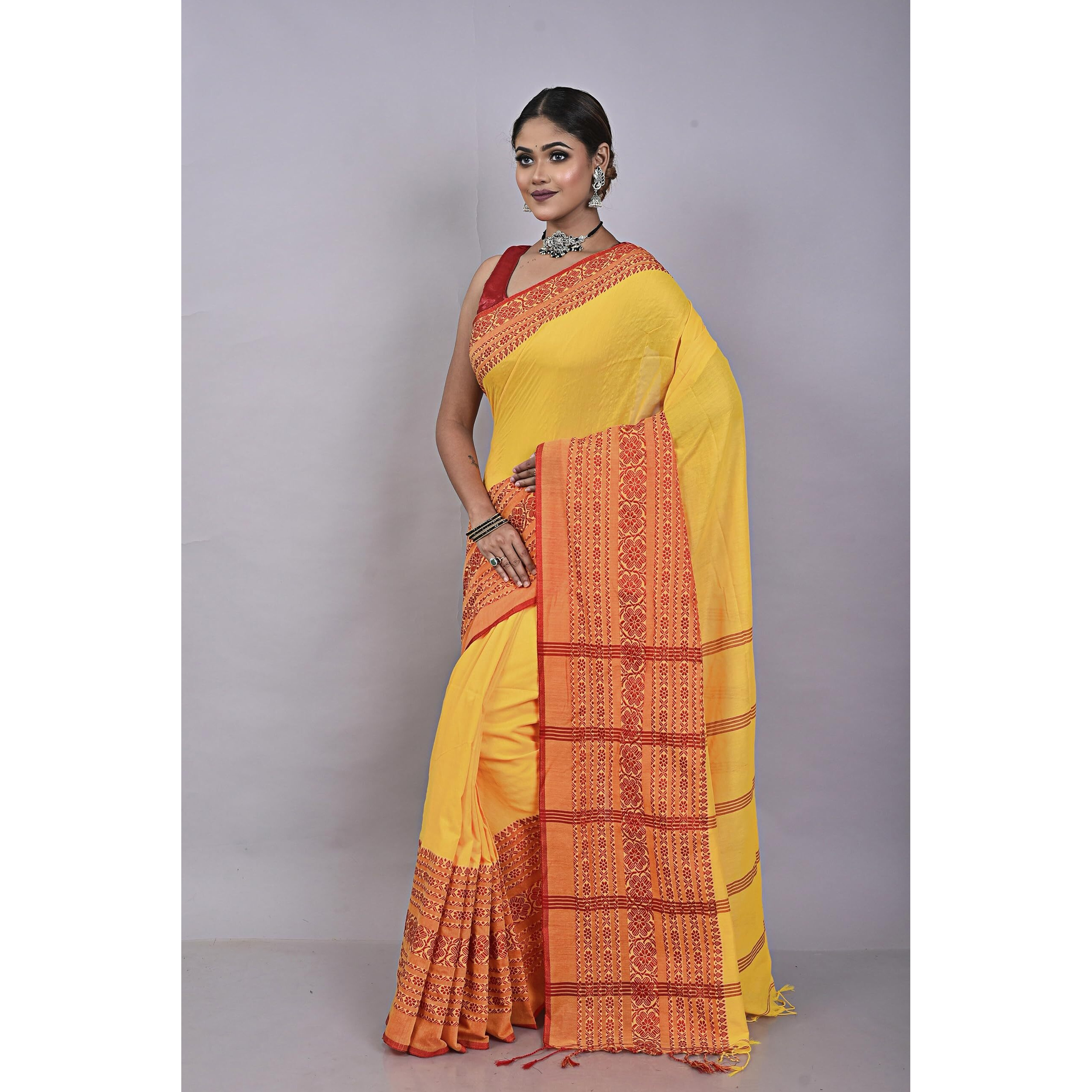 Laxmi Handloom Womens Traditional Bengal Handloom Begampuri Cotton Saree (Yellow Red)