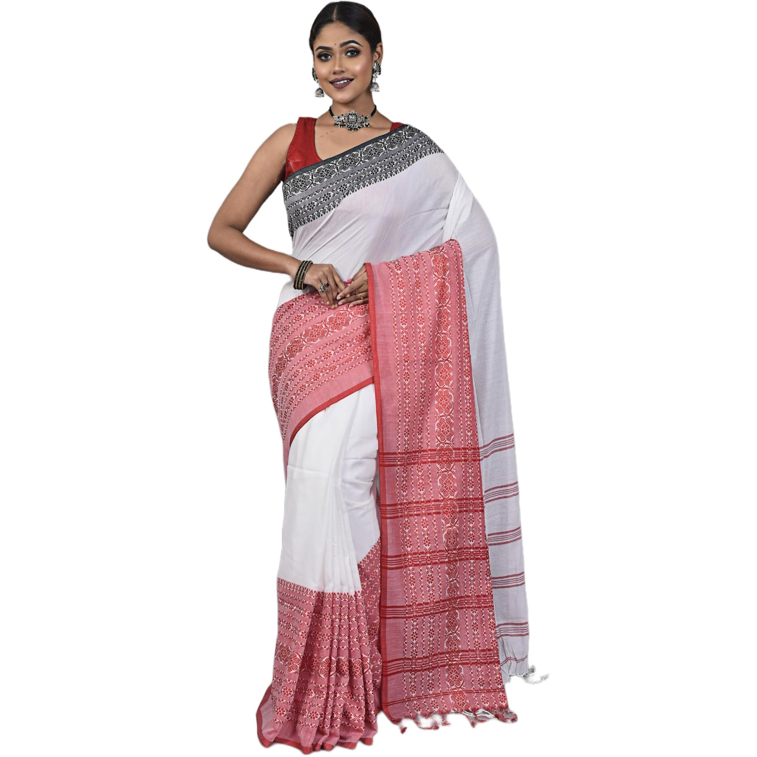 Laxmi Handloom Womens Traditional Bengal Handloom Begampuri Cotton Saree (White Red Black)