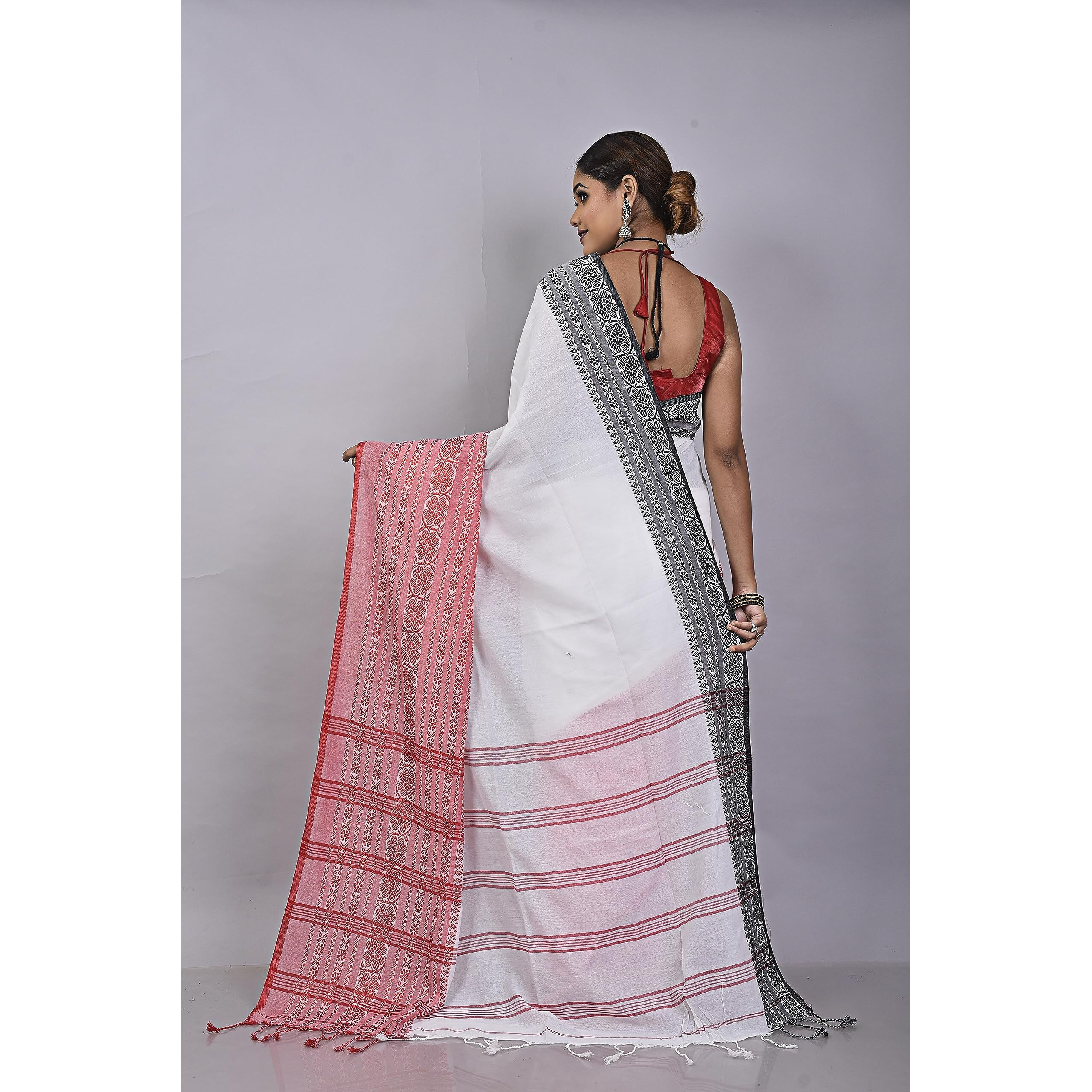 Laxmi Handloom Womens Traditional Bengal Handloom Begampuri Cotton Saree (White Red Black)