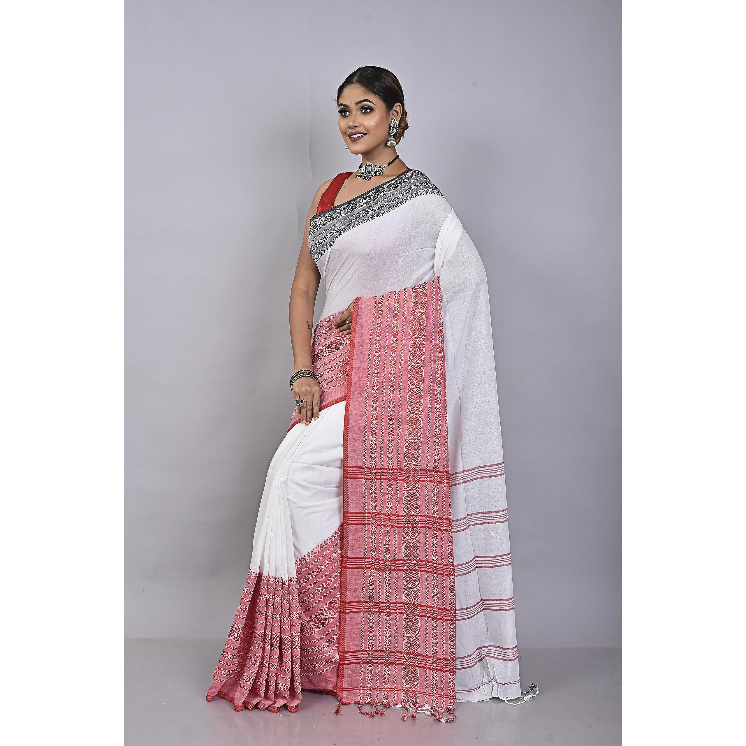 Laxmi Handloom Womens Traditional Bengal Handloom Begampuri Cotton Saree (White Red Black)