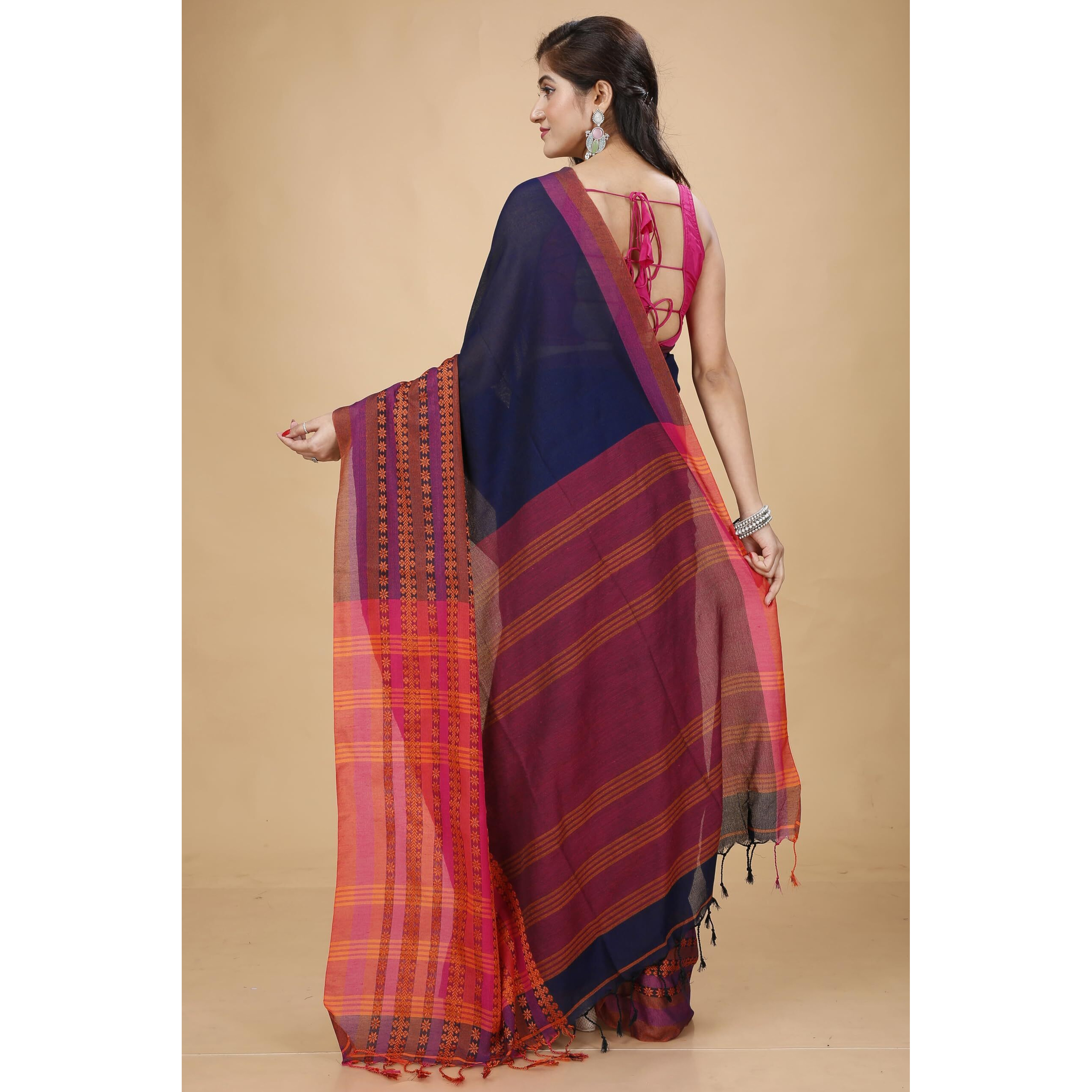 Laxmi Handloom Womens Traditional Bengal Handloom Begampuri Cotton Saree (Nevy Blue)