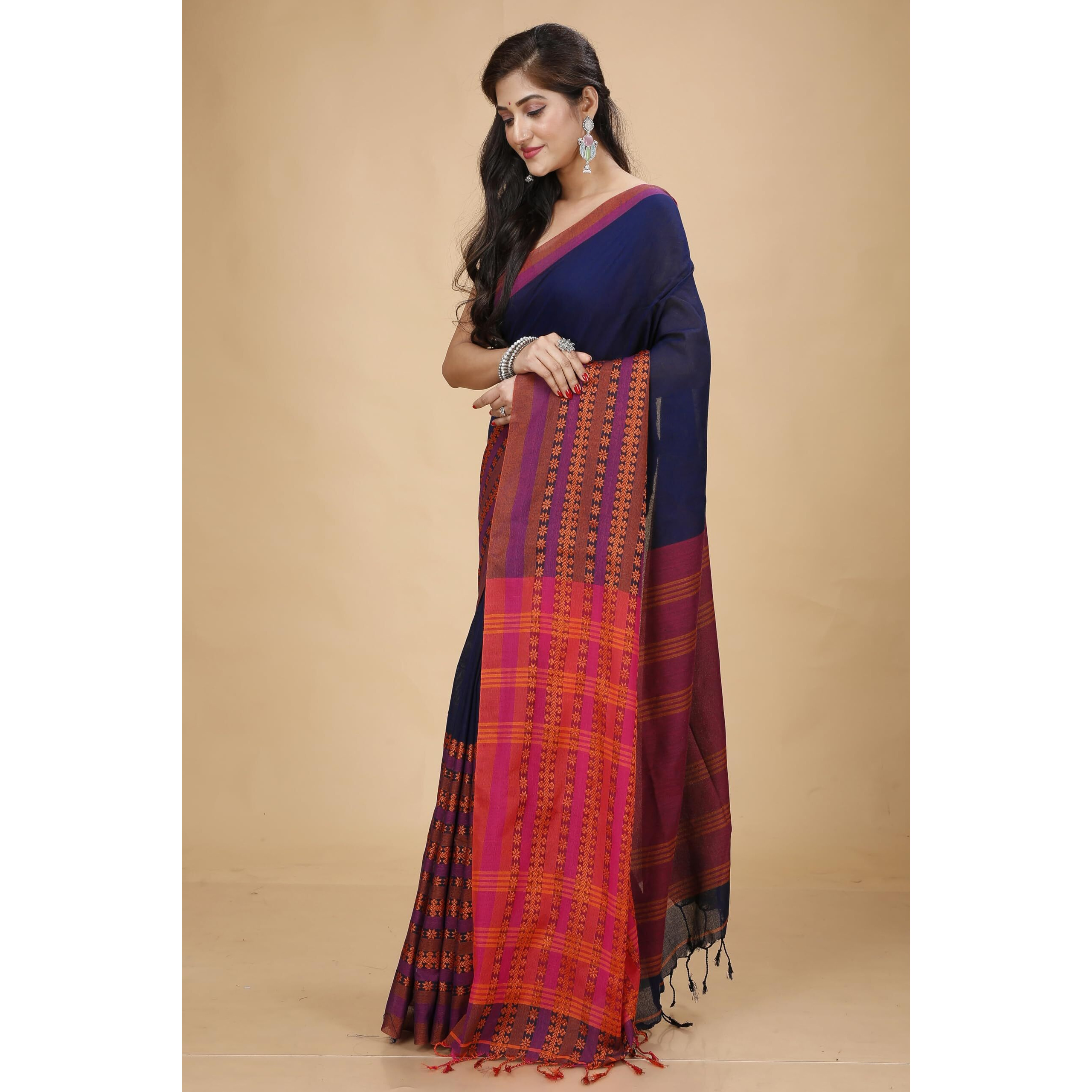 Laxmi Handloom Womens Traditional Bengal Handloom Begampuri Cotton Saree (Nevy Blue)
