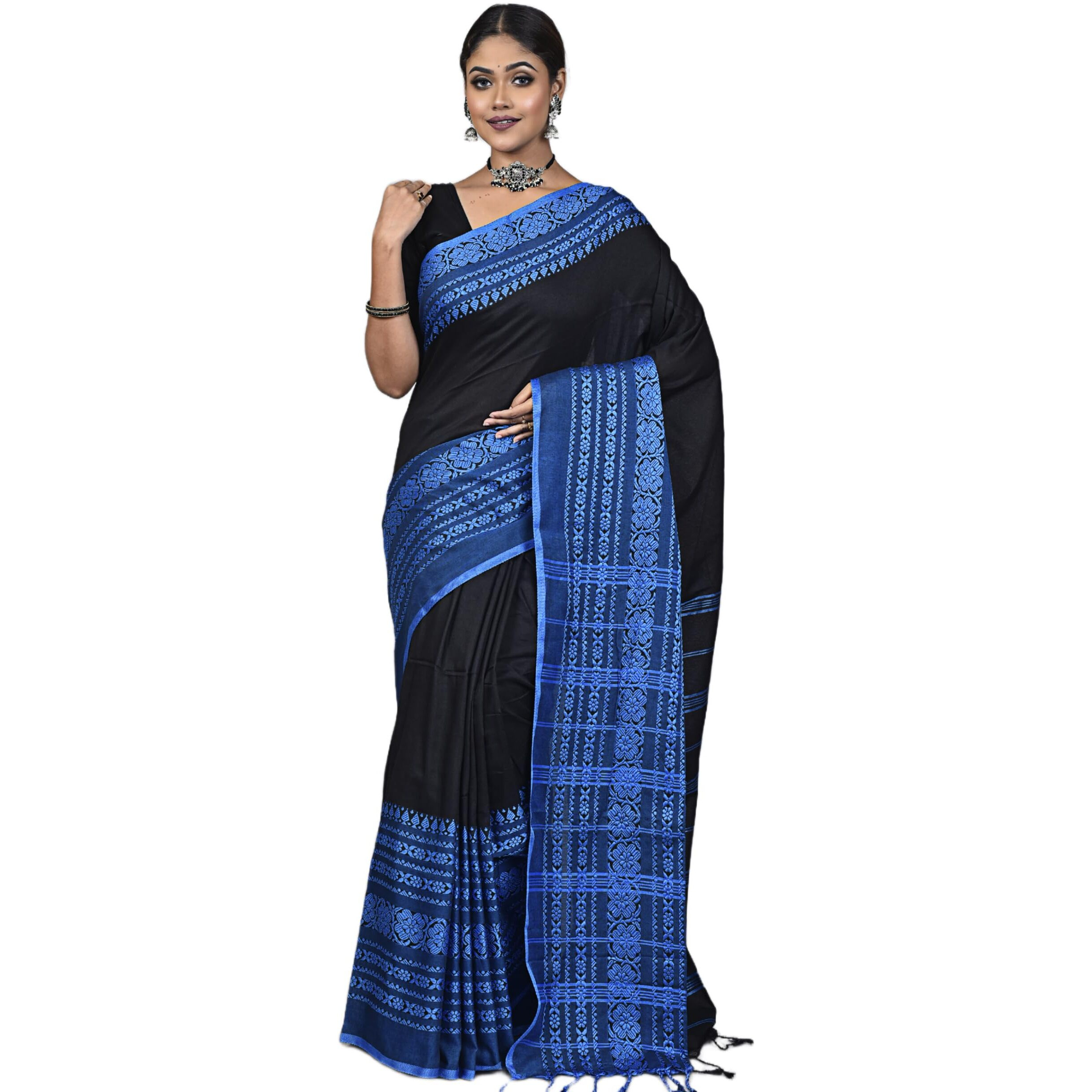 Laxmi Handloom Womens Traditional Bengal Handloom Begampuri Cotton Saree (Black Blue)