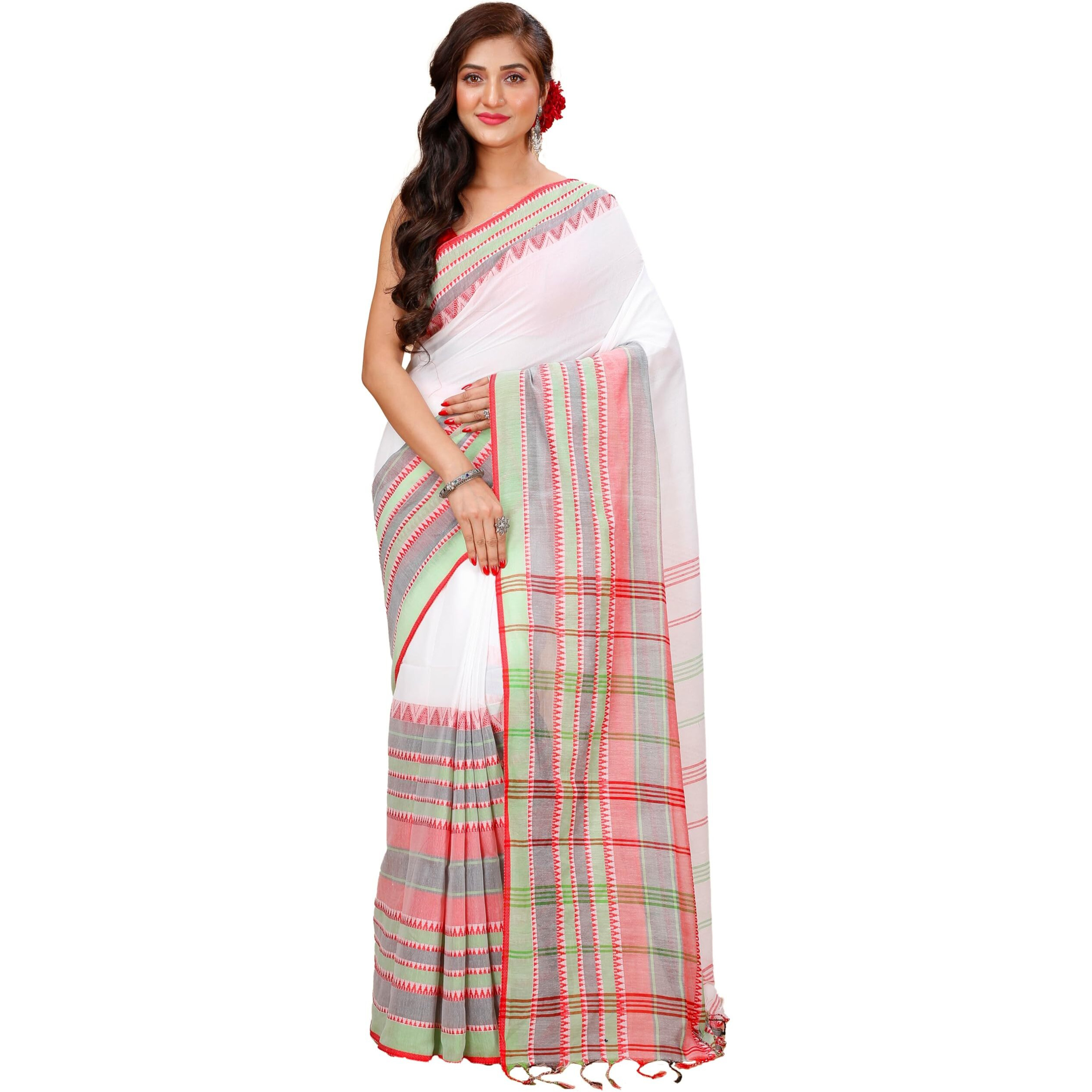Laxmi Handloom Womens Traditional Bengal Handloom Begampuri Cotton Saree (White Red 2)