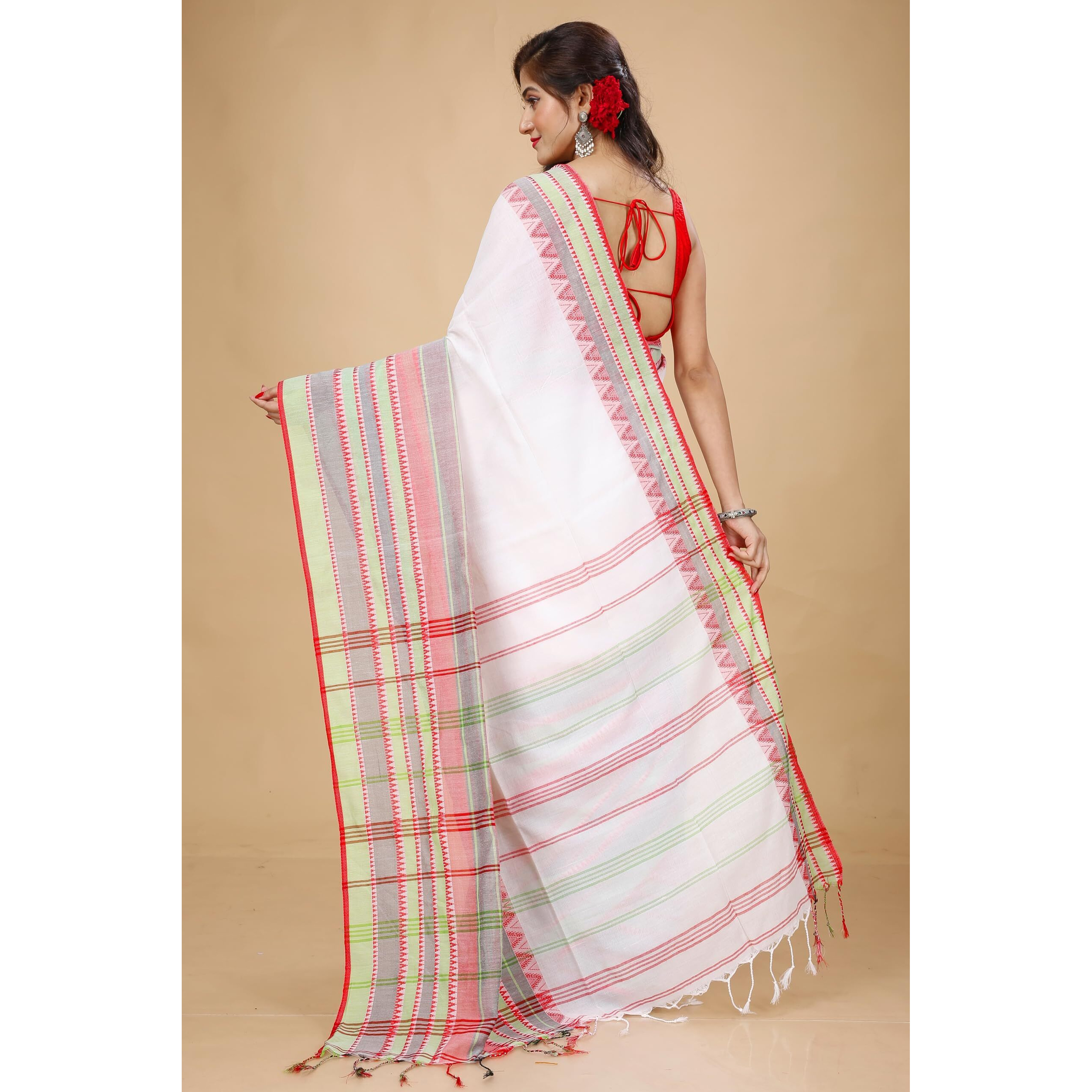 Laxmi Handloom Womens Traditional Bengal Handloom Begampuri Cotton Saree (White Red 2)