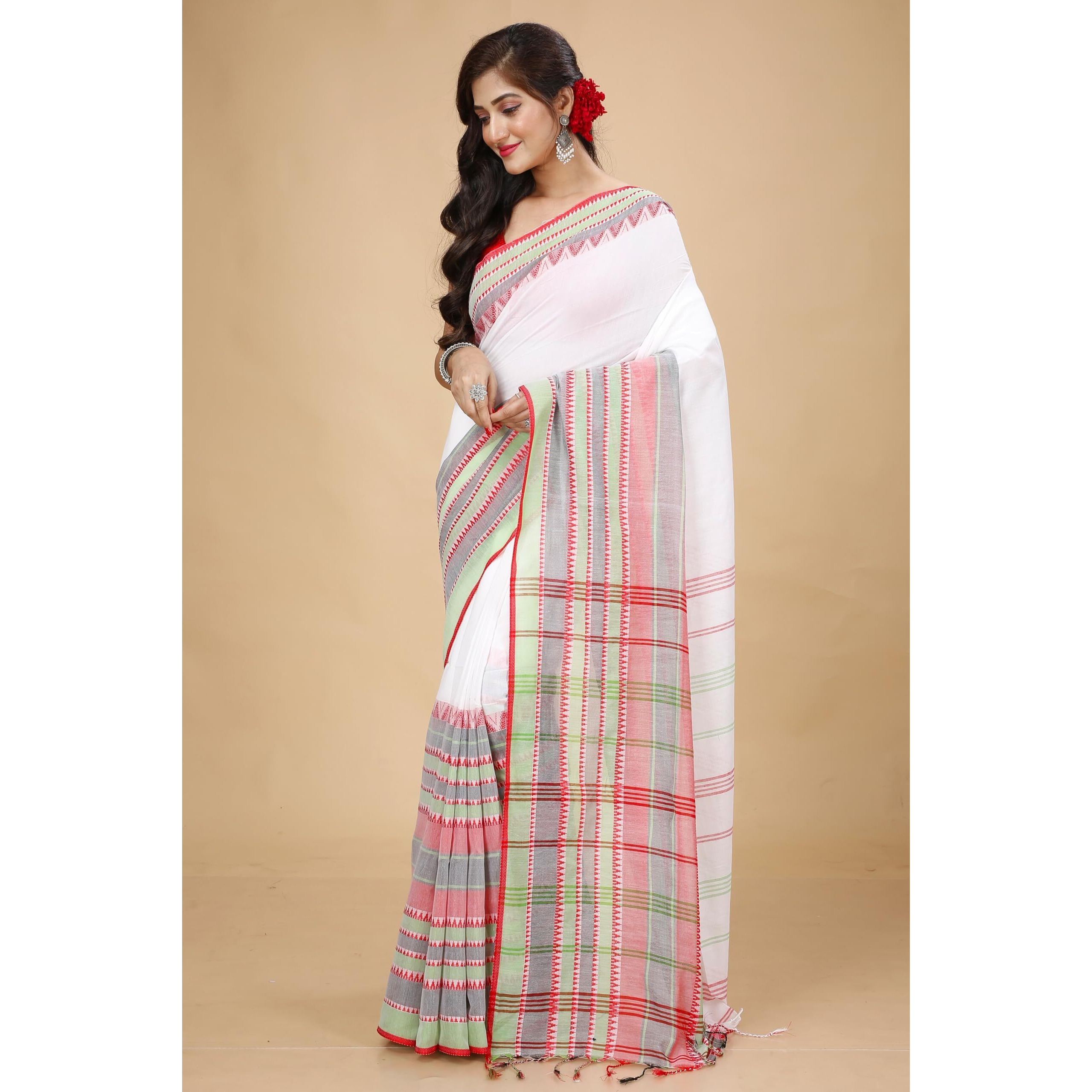 Laxmi Handloom Womens Traditional Bengal Handloom Begampuri Cotton Saree (White Red 2)