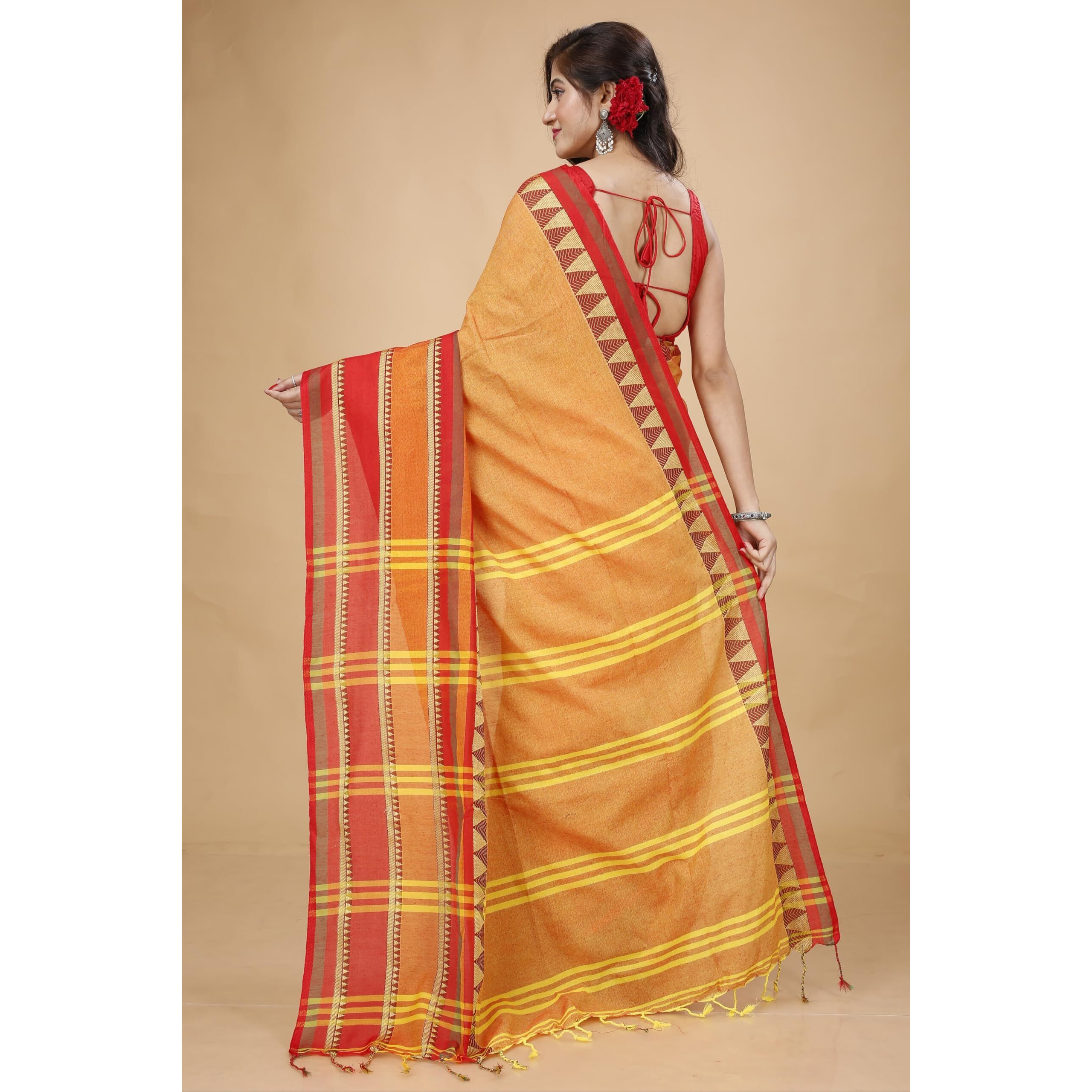 Laxmi Handloom Womens Traditional Bengal Handloom Begampuri Cotton Saree (Rust)